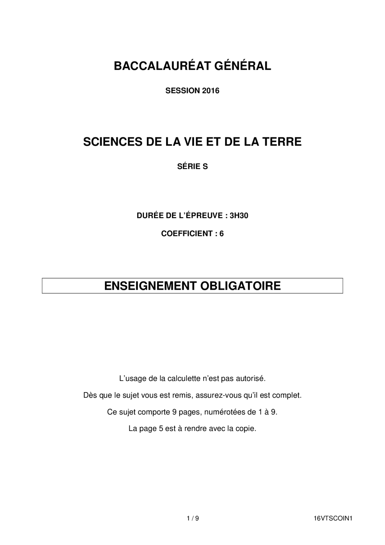 Sujet du bac S SVT Obligatoire 2016 - Docsity