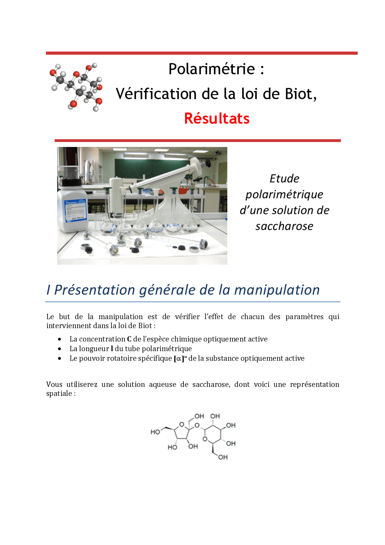 Polarimétrie Vérification de la loi de Biot, Résultats I Docsity