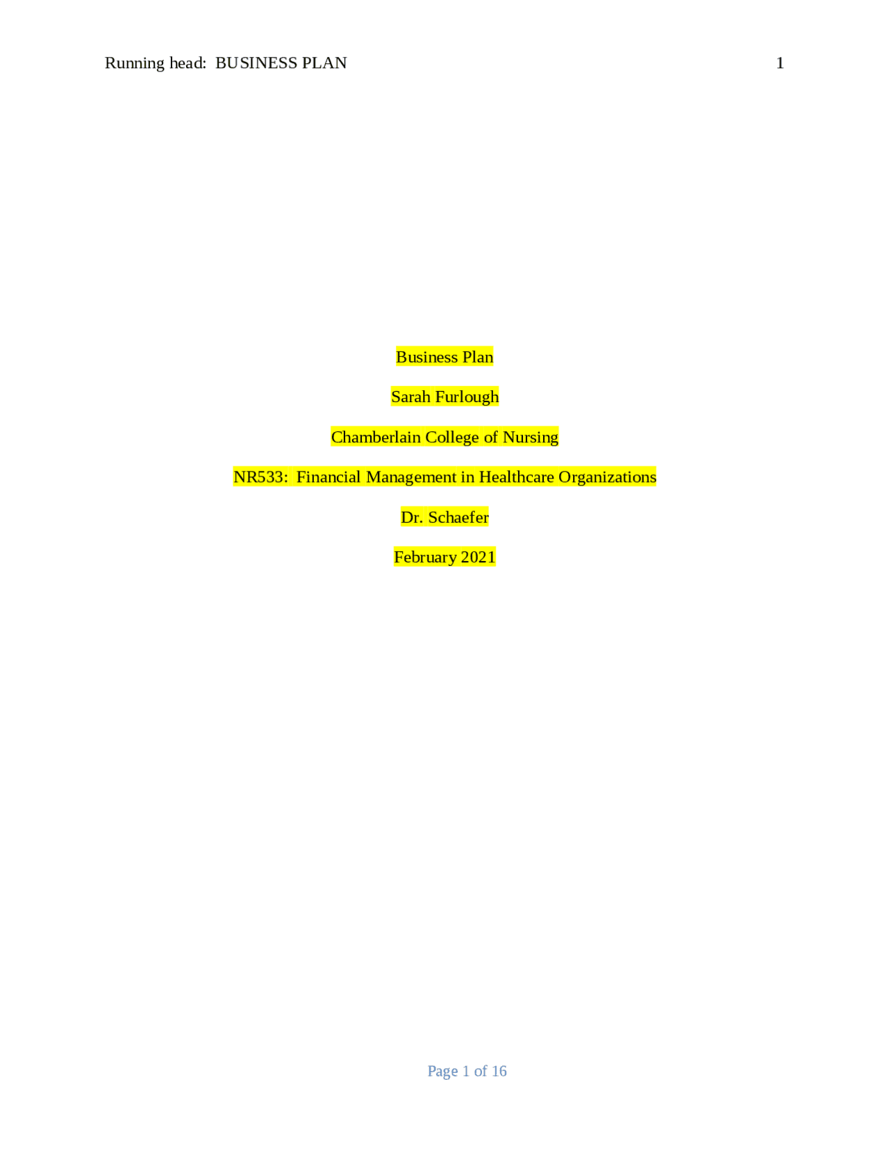 Nr533 Assignment NR 533 Business Plan Latest Case Study - Docsity