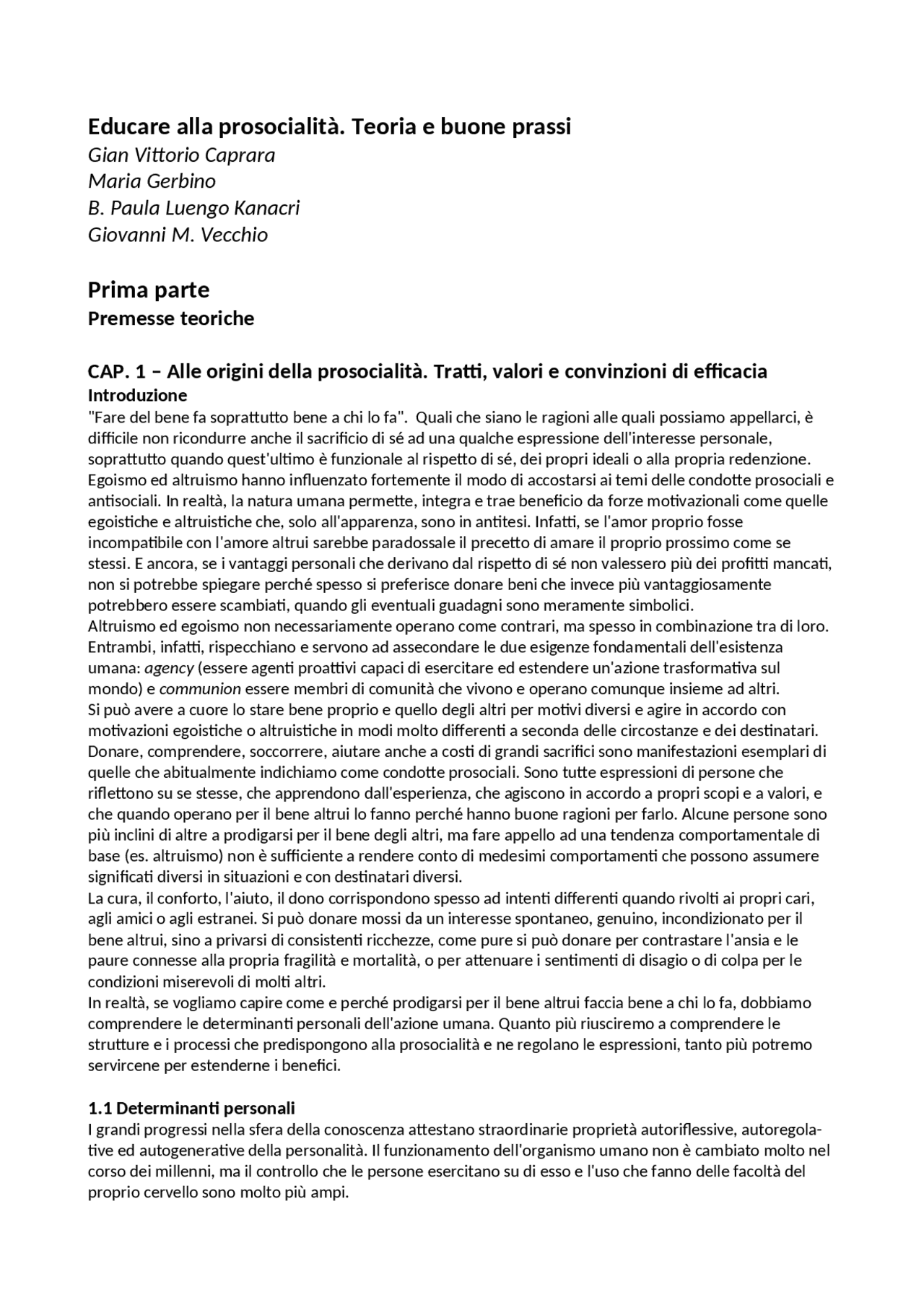 Riassunto Educare alla prosocialità. Teoria e buone prassi Docsity