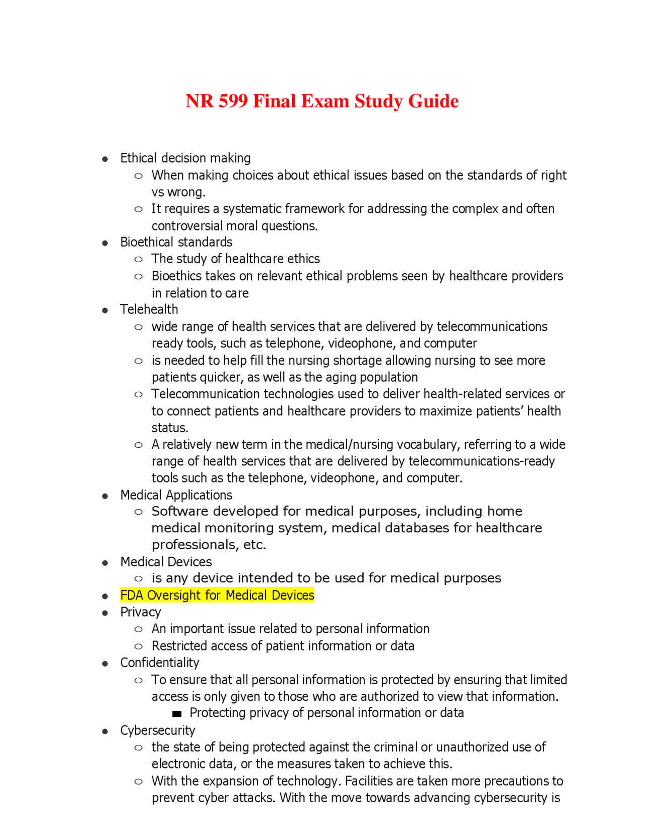 NR 599 Final Exam / NR599 Final Exam Study Guide (LATEST, 2022/2023