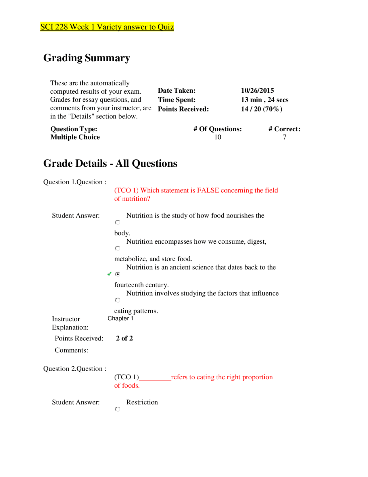 SCI 228 Week 1 Variety answer to Quiz | Exams Health sciences | Docsity