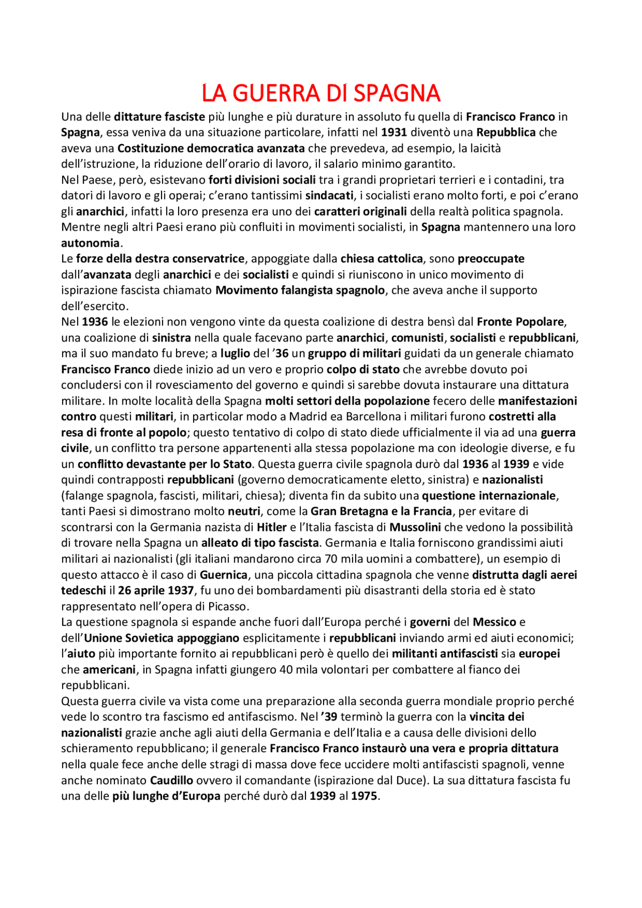 La Guerra di Spagna riassunto Apuntes de Historia Contemporánea Docsity