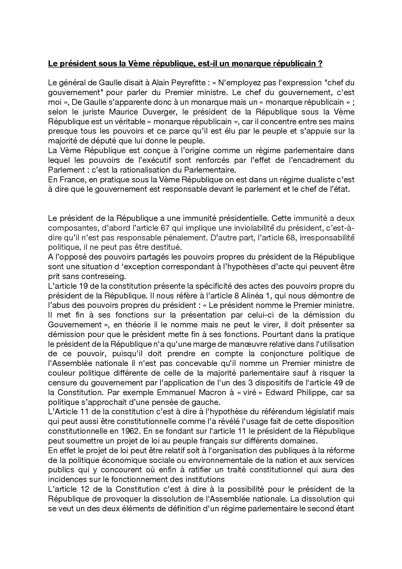 La Responsabilité Politique Du Président De La République Dissertation Le président sous la Vème république, est-il un monarque républicain ? |  Thèse Droit constitutionnel | Docsity