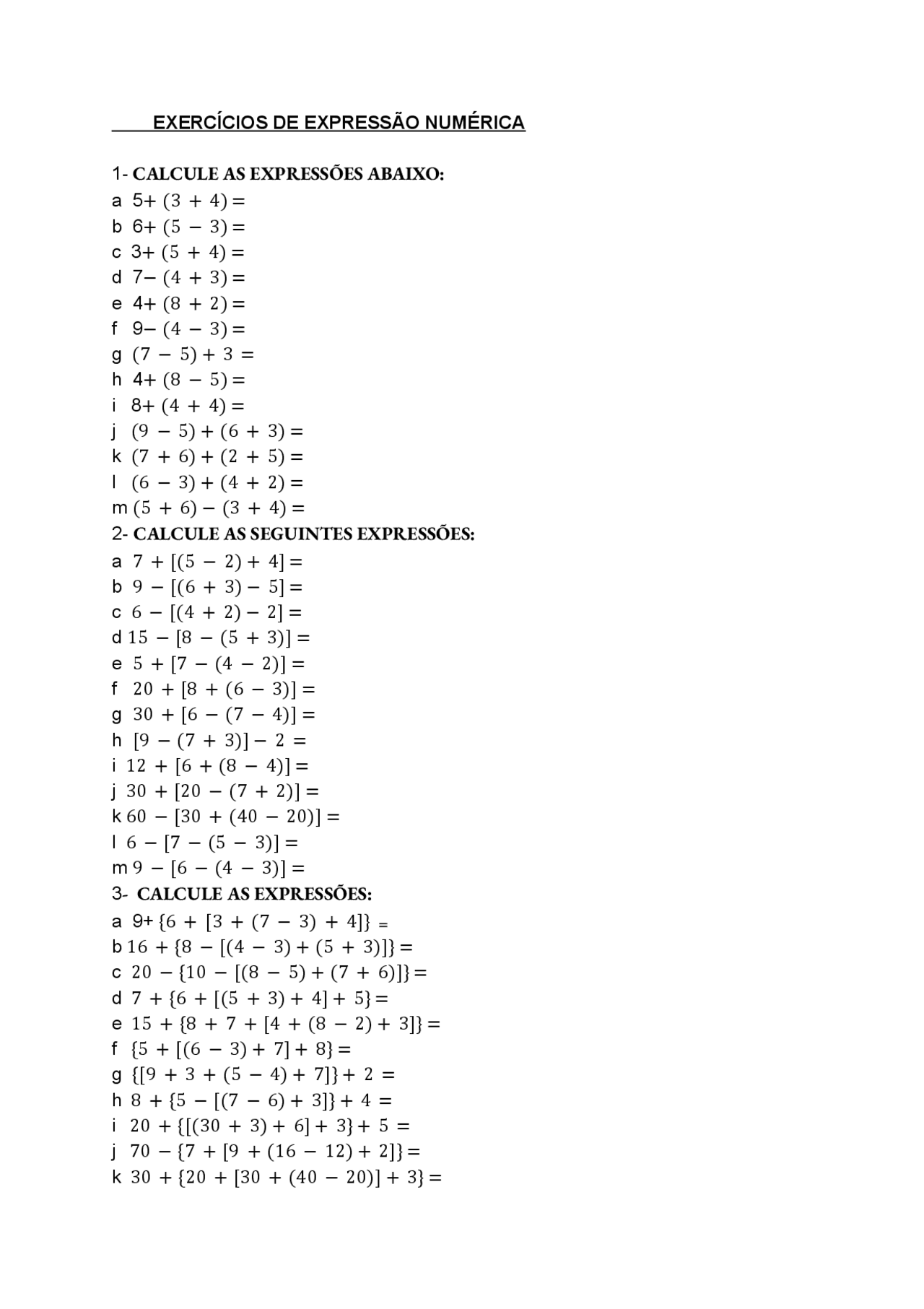 EXERCÍCIOS DE EXPRESSÃO NUMÉRICA | Exercícios Matemática | Docsity