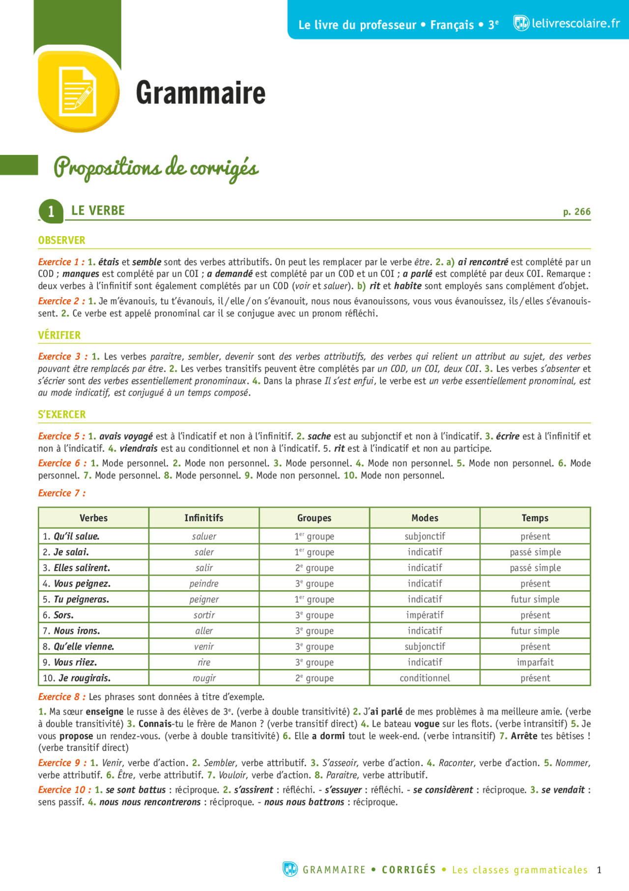 Livre prof correction de livre scolaire grammairr | Exercises French ...