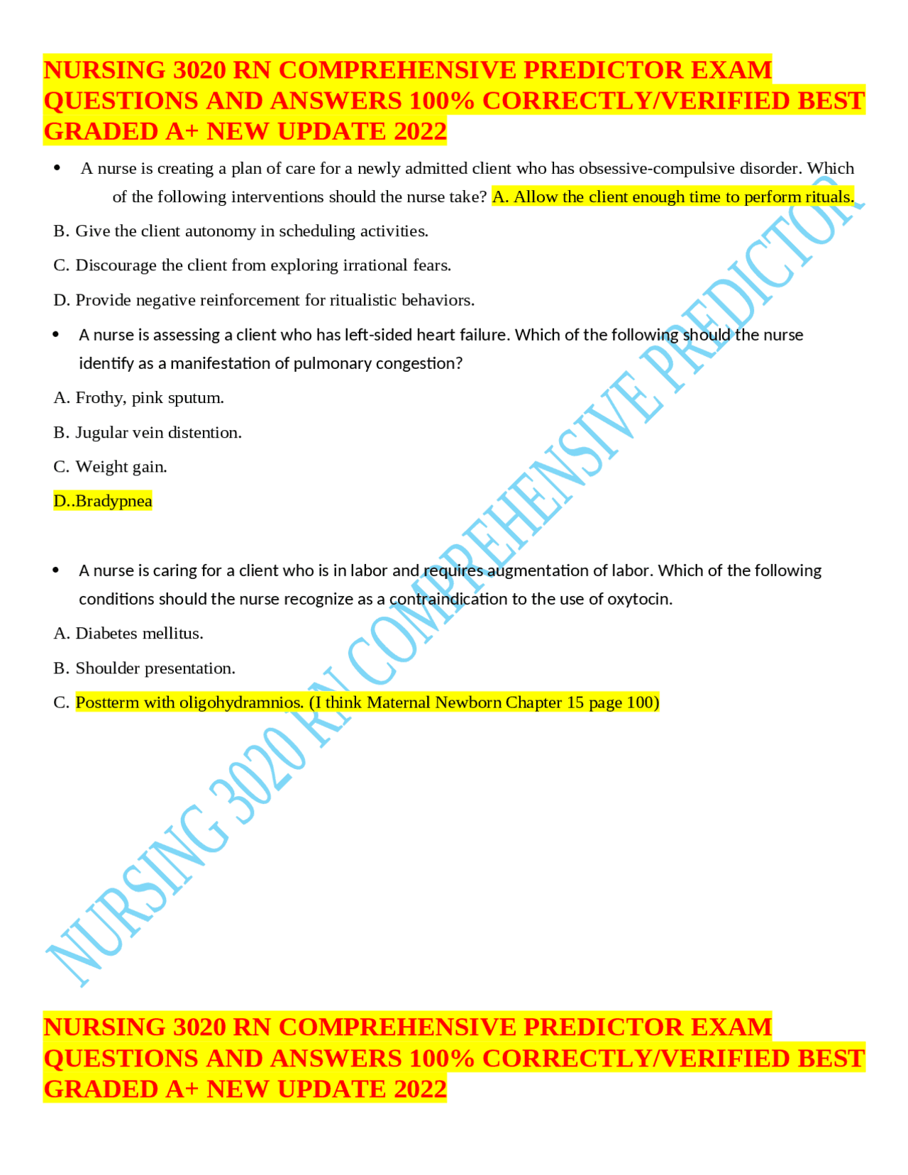 Nursing 3020 Rn Comprehensive Predictor Exam Questions And Answers 100 Correctly Verified Nursing 3020 Rn Comprehensive Predictor Exam Questions And Answers 100 Correctly Verified