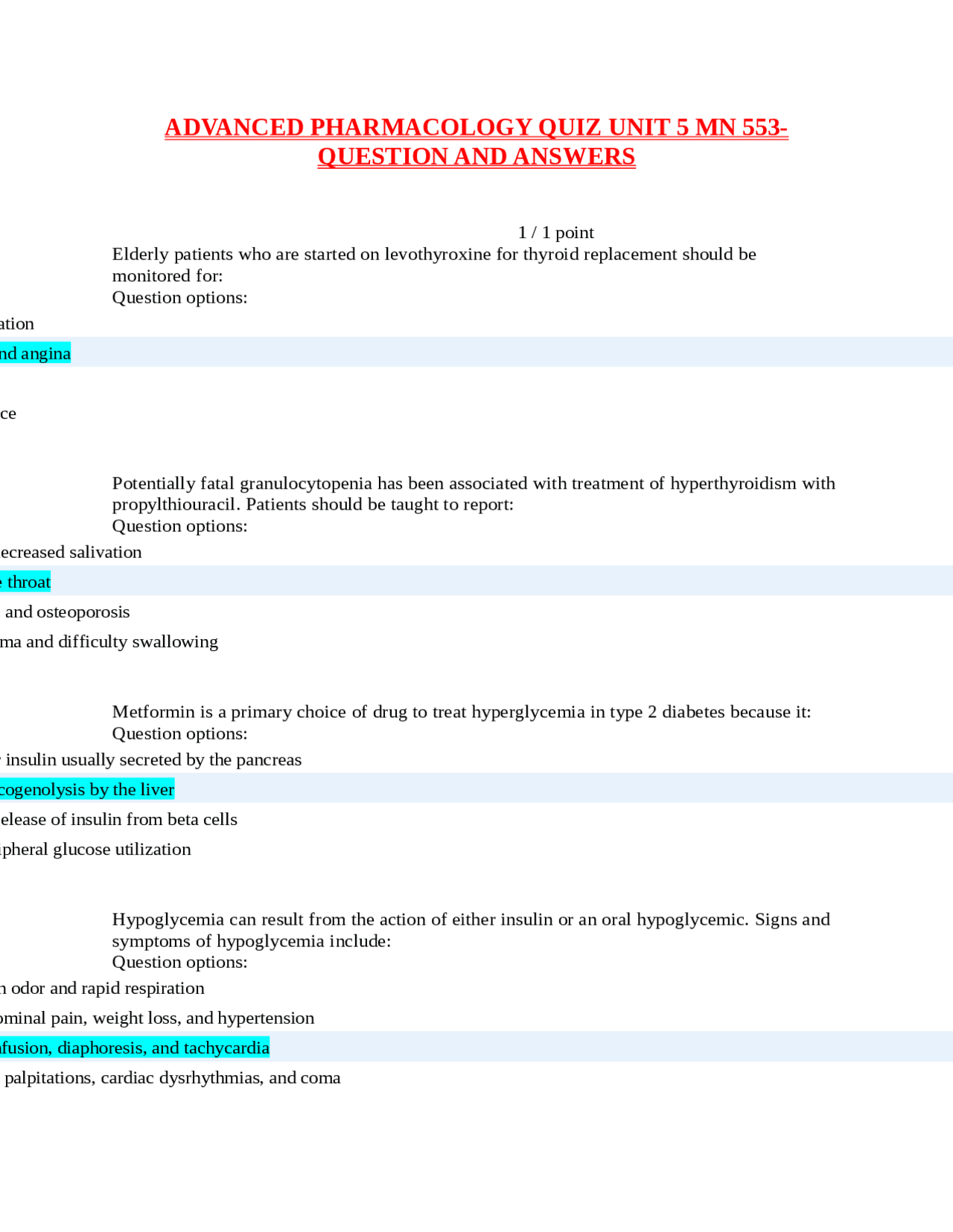 ADVANCED PHARMACOLOGY QUIZ UNIT 5 MN 553- QUESTION AND ANSWERS. - Docsity