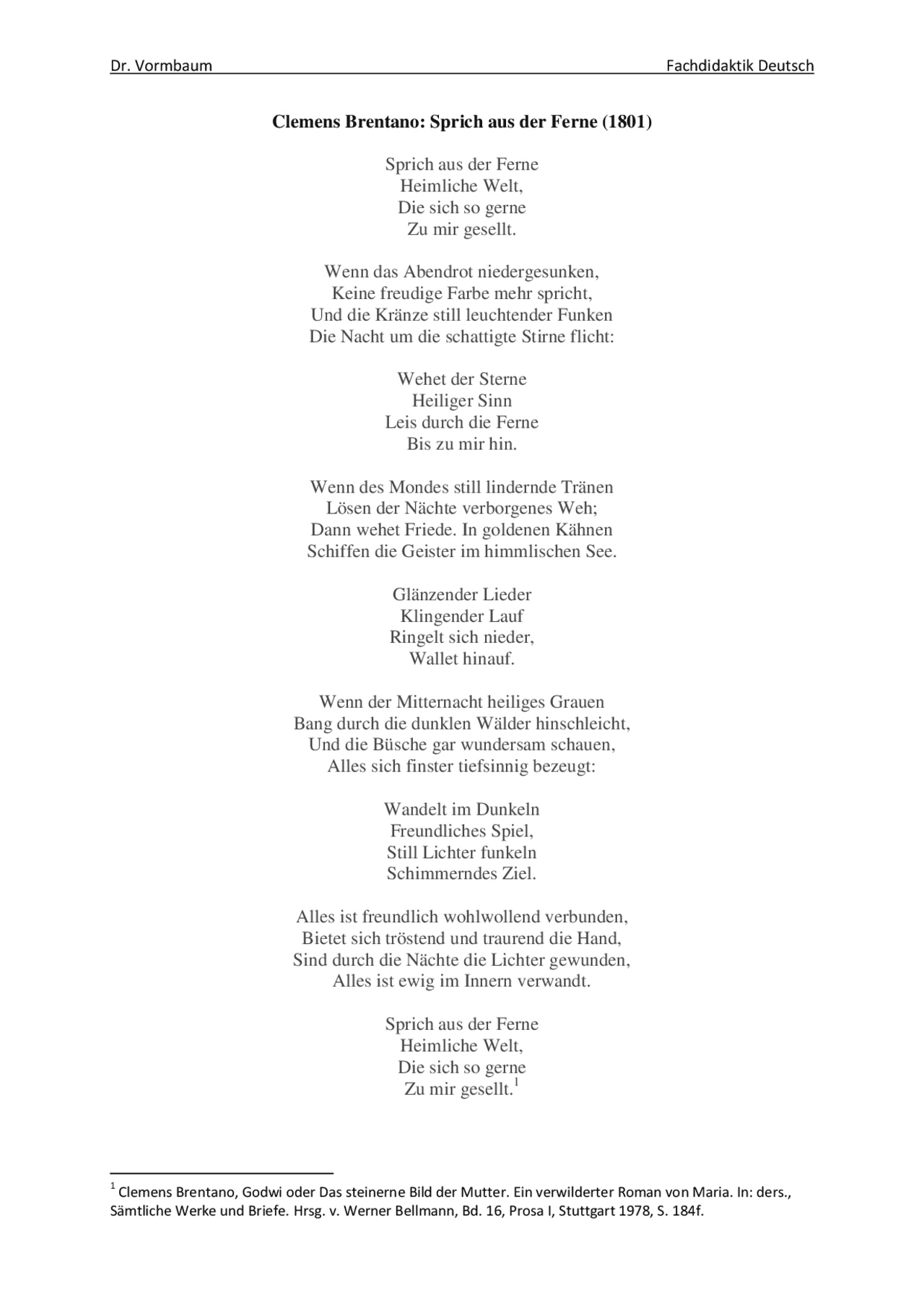 Clemens Brentano: Sprich aus der Ferne (1801) | Mitschriften Deutsch | Docsity