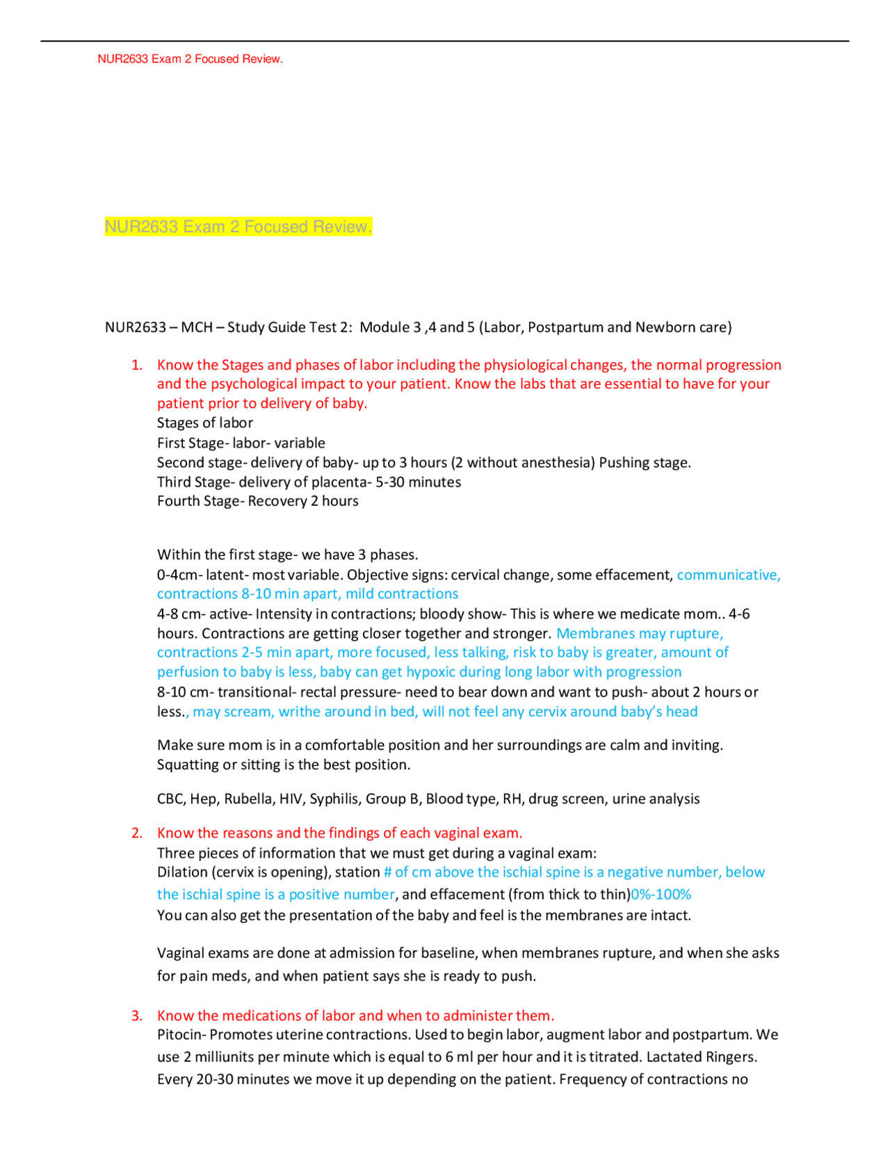 NUR2633 Exam 2 Focused Review GRADED A | Exams Nursing | Docsity