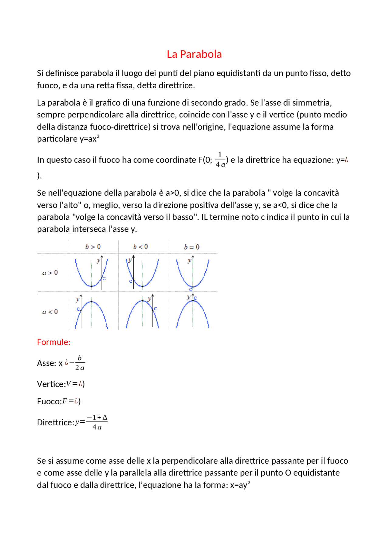 La Parabola in matemtica - Docsity