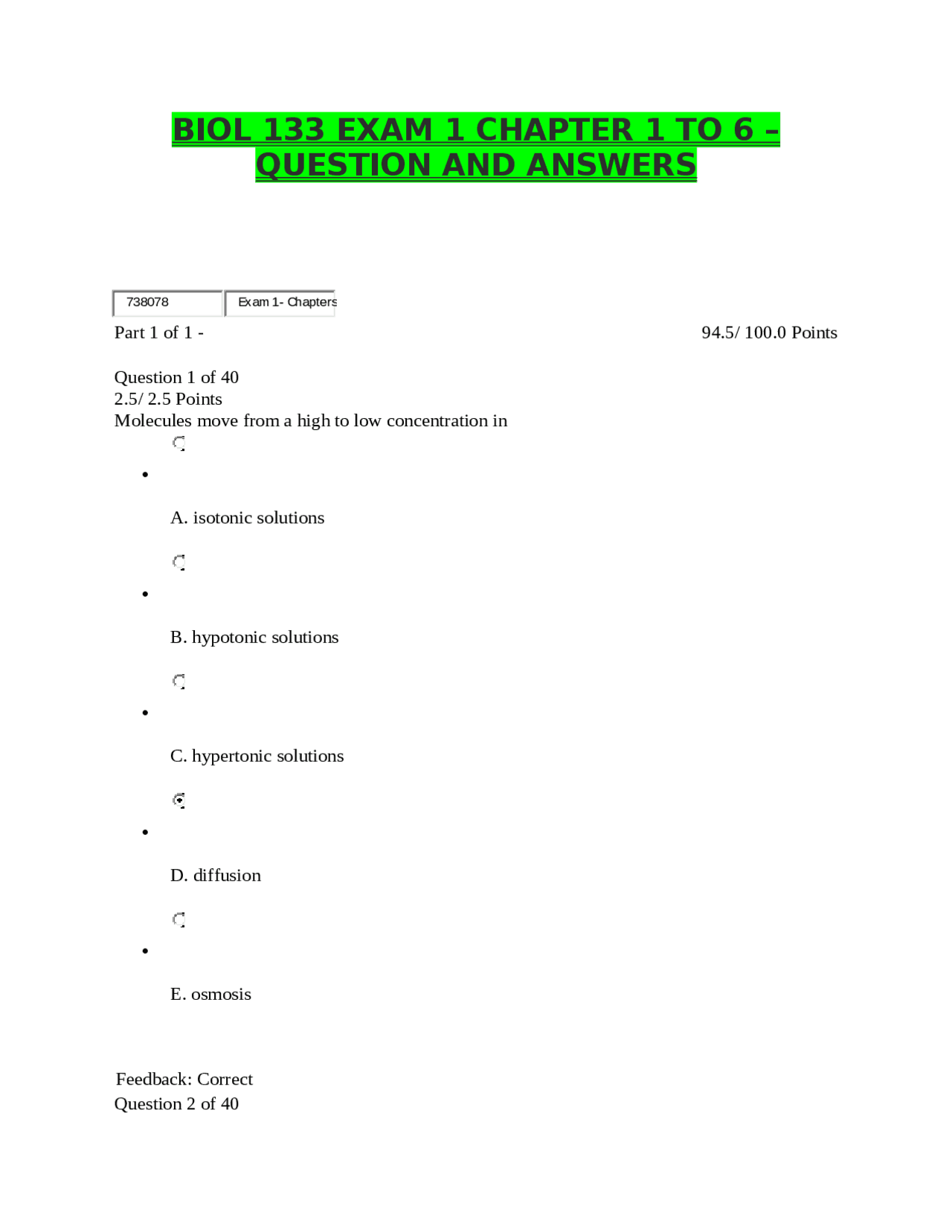 BIOL 133 EXAM 1 CHAPTER 1 TO 6 QUESTION AND ANSWERS. Exams Nursing