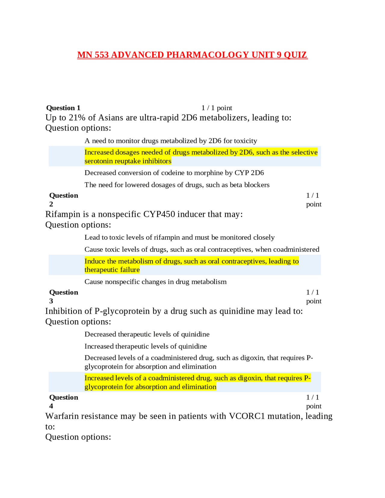 MN 553 ADVANCED PHARMACOLOGY UNIT 9 QUIZ. - Docsity