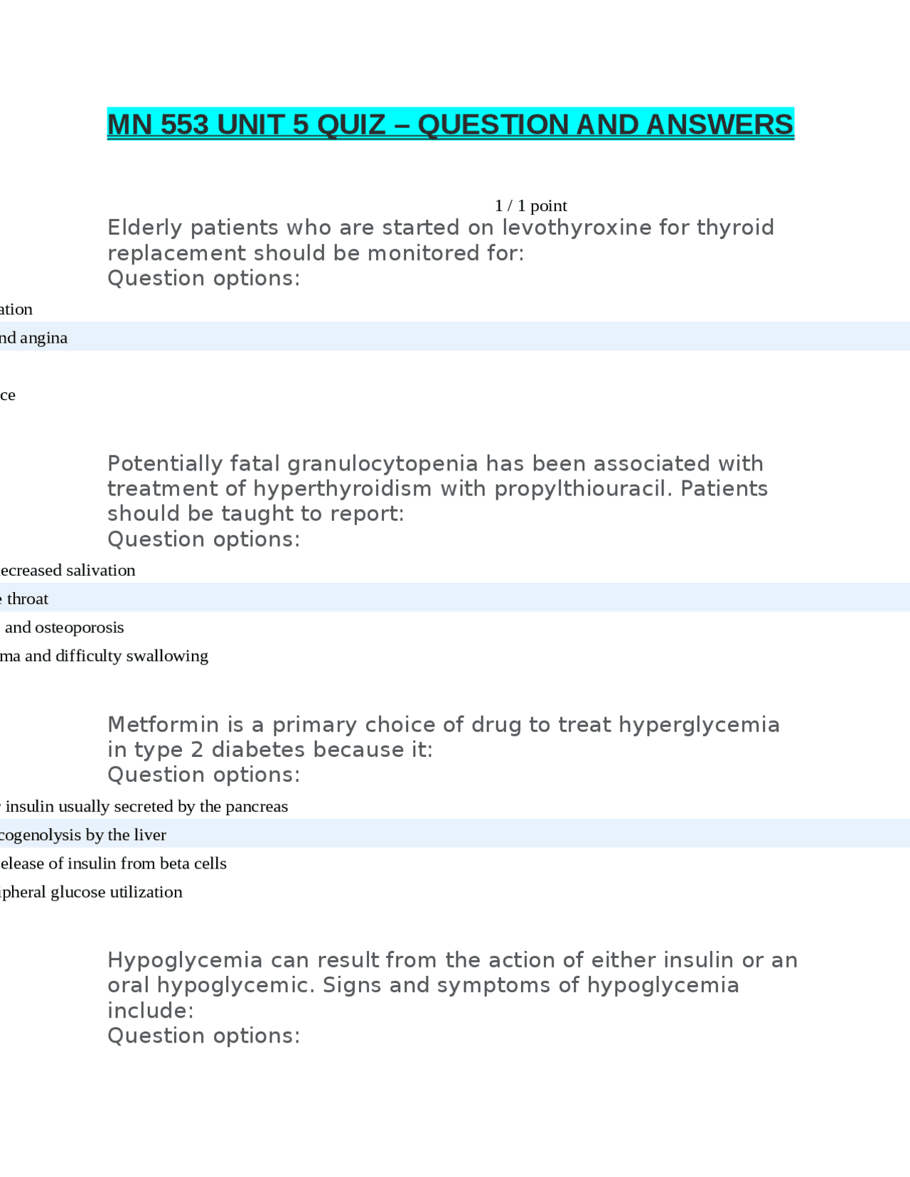 MN 553 UNIT 5 QUIZ QUESTION AND ANSWERS Docsity