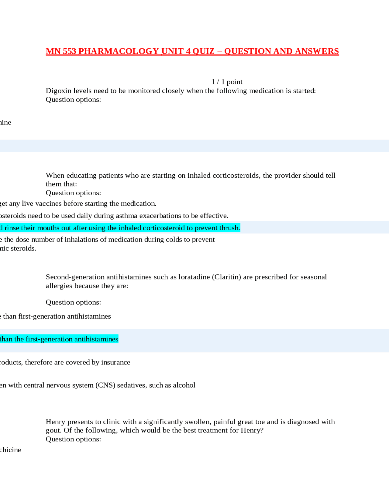 MN 553 PHARMACOLOGY UNIT 4 QUIZ – QUESTION AND ANSWERS. - Docsity
