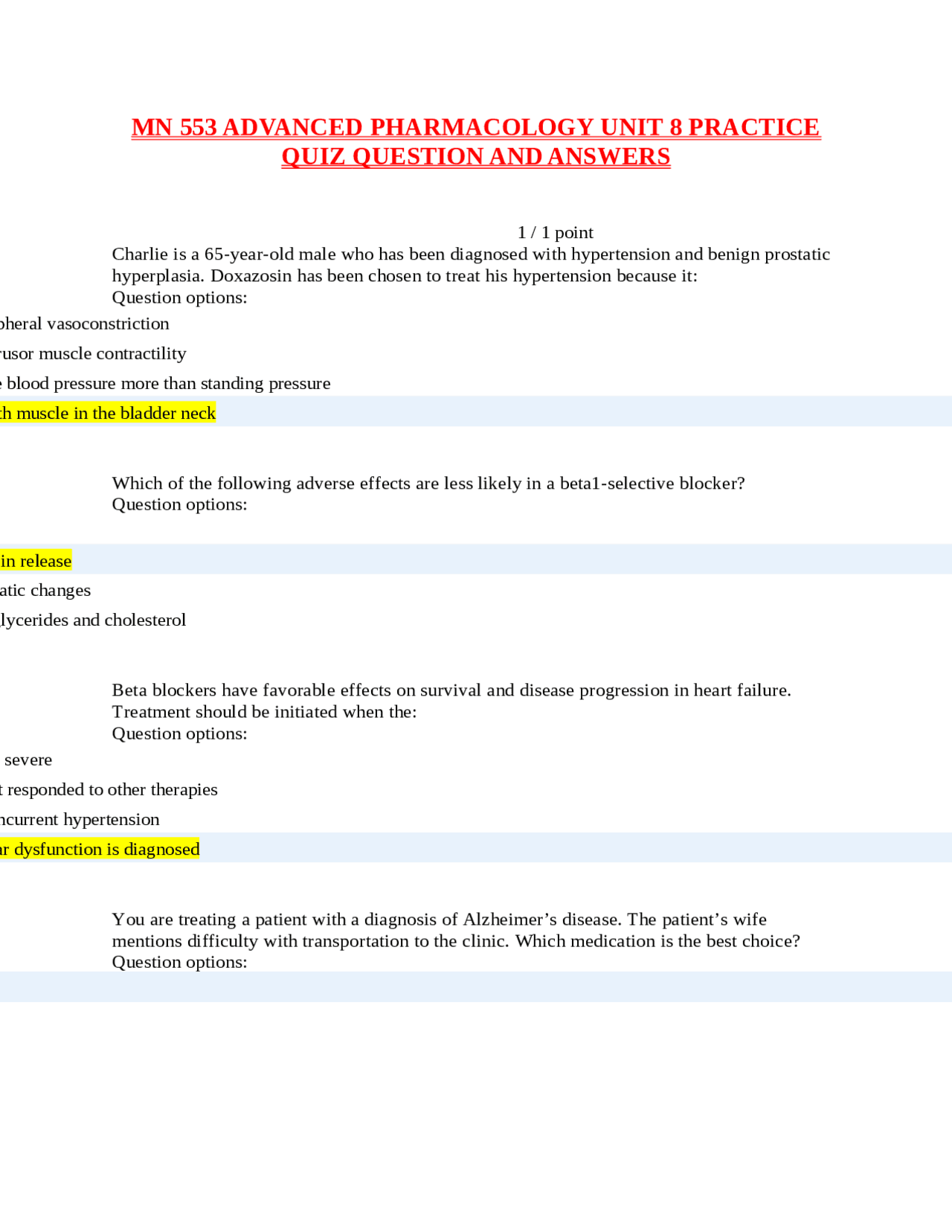 MN 553 ADVANCED PHARMACOLOGY UNIT 8 PRACTICE QUIZ QUESTION AND ANSWERS ...