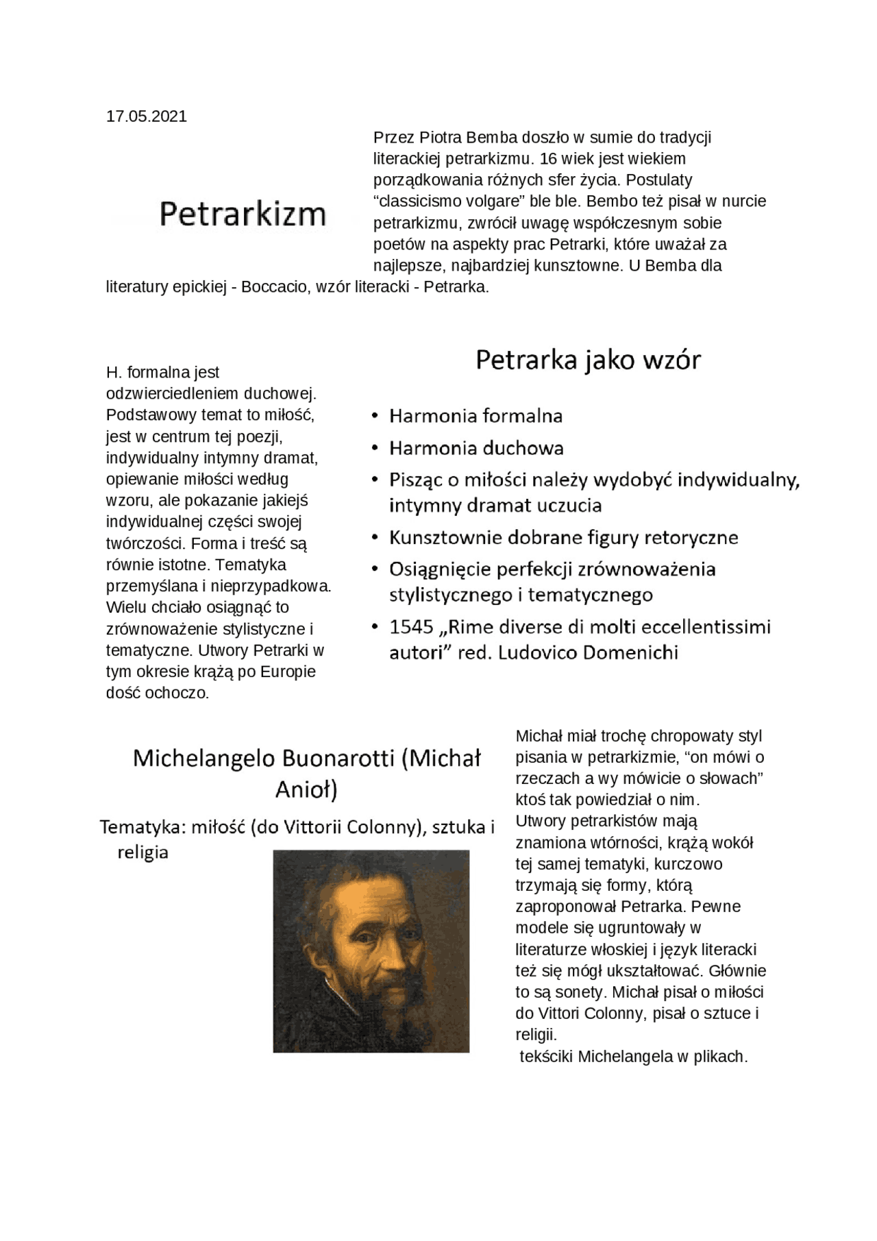 Notatki historia literatury włoskiej, petrarkizm - Docsity