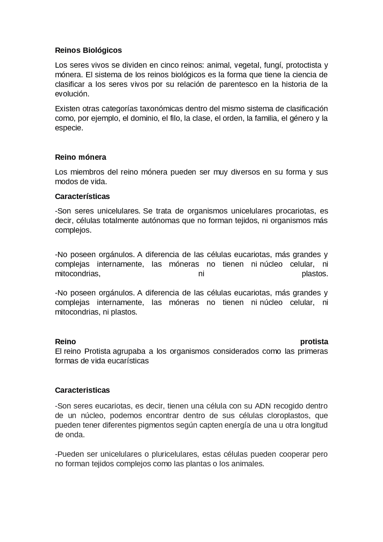 Reinos biologicos (Monera, Protista, Fungi, Animalae y Plantae) | Resúmenes  de Biología | Docsity