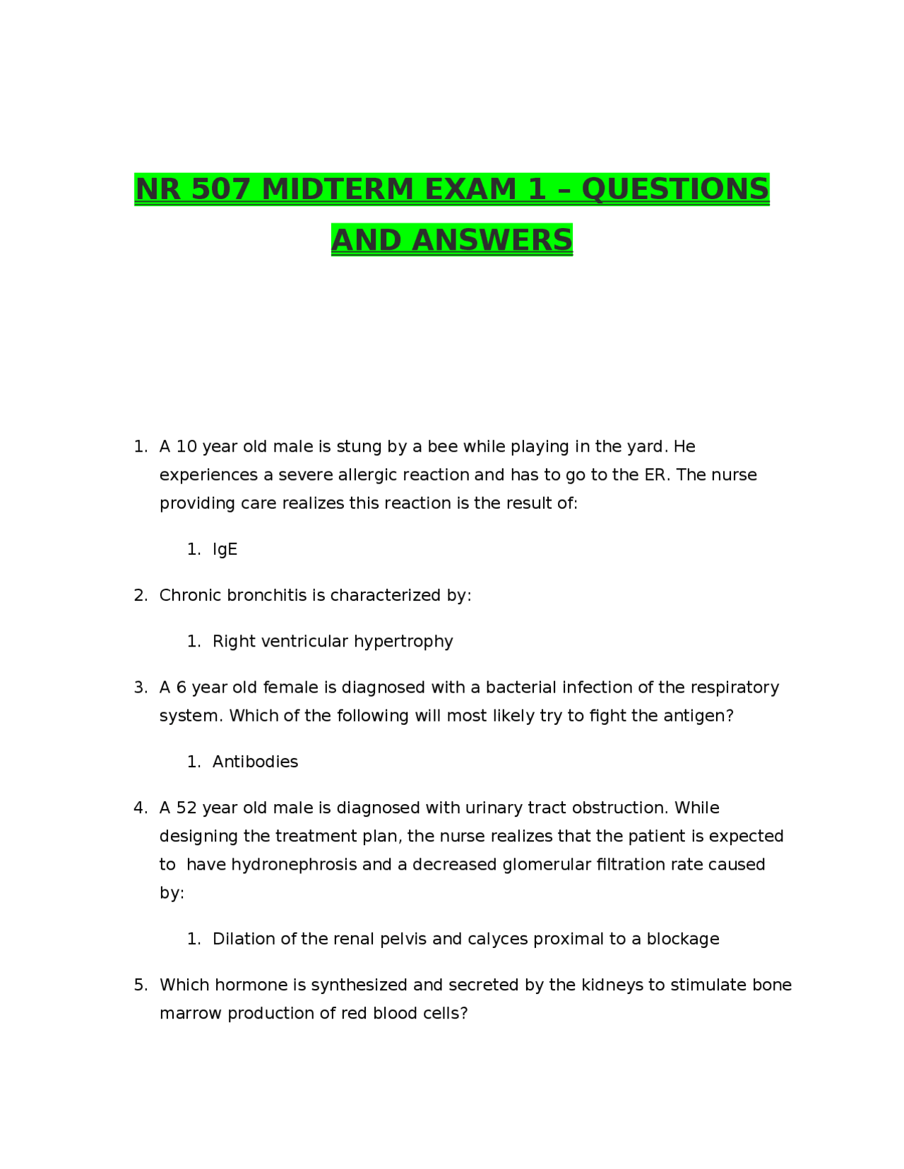 NR 507 MIDTERM EXAM 1 – QUESTIONS AND ANSWERS. - Docsity