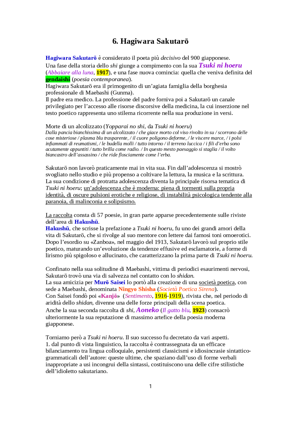 Hagiwara Sakutaro, appunti Docsity
