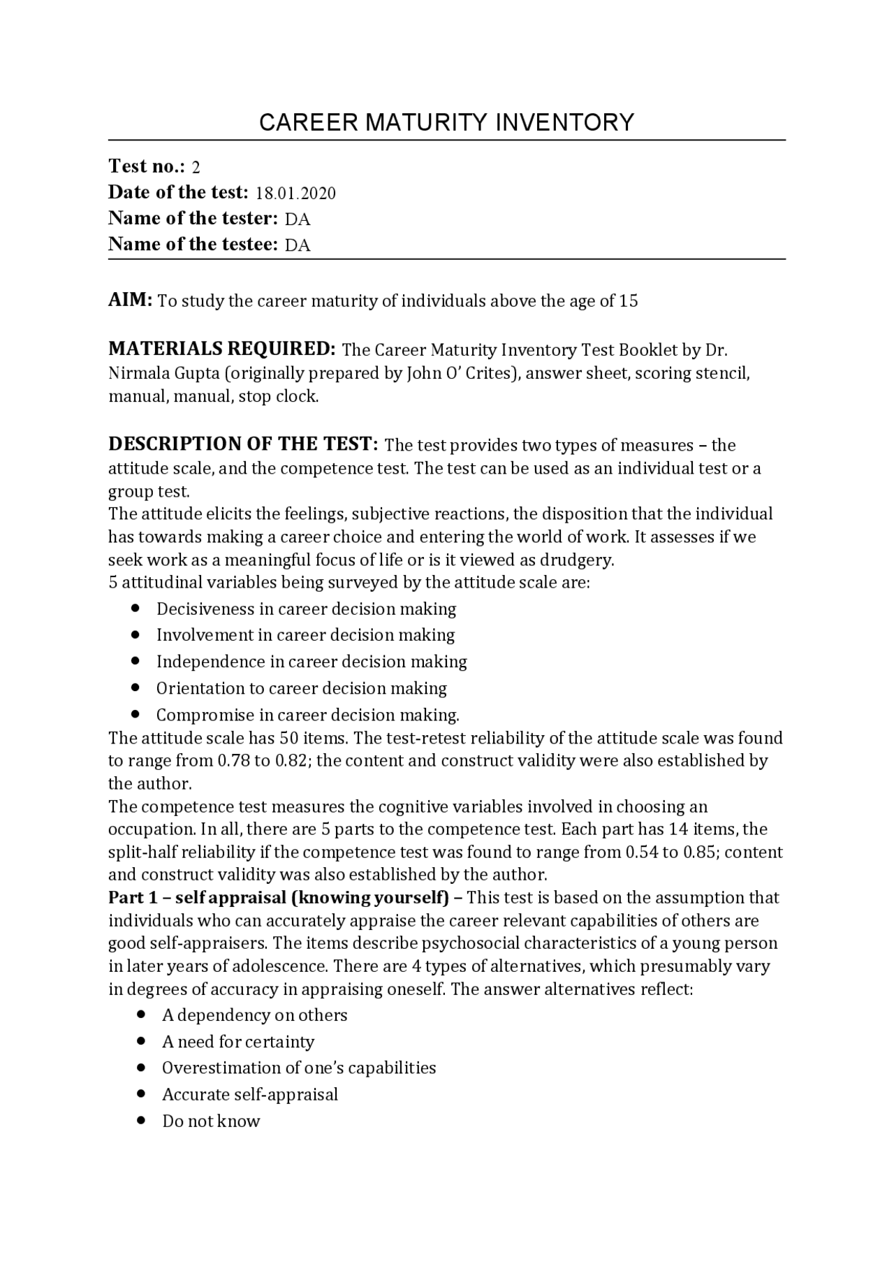 Career Maturity Inventory with data | Study Guides, Projects, Research ...