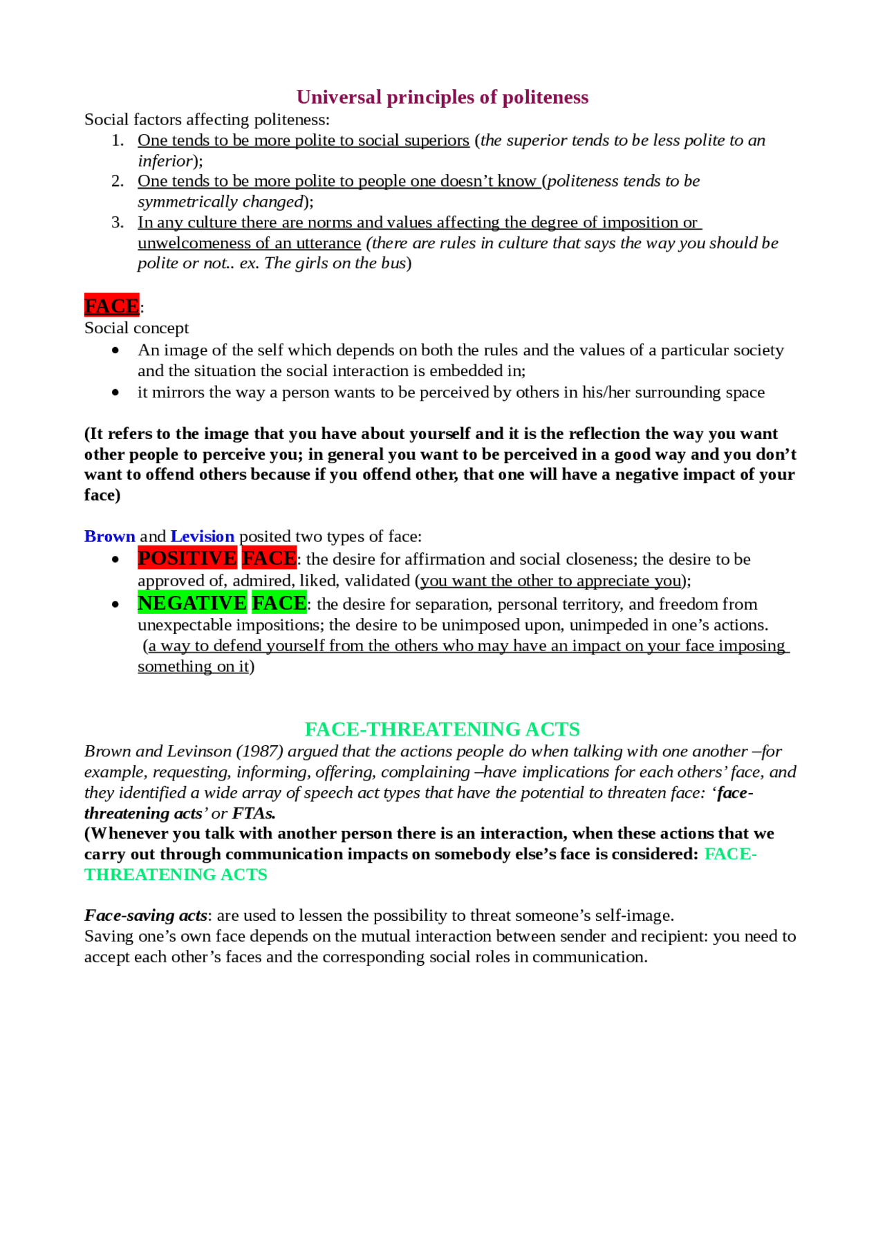 FACETHREATENING ACTS Docsity