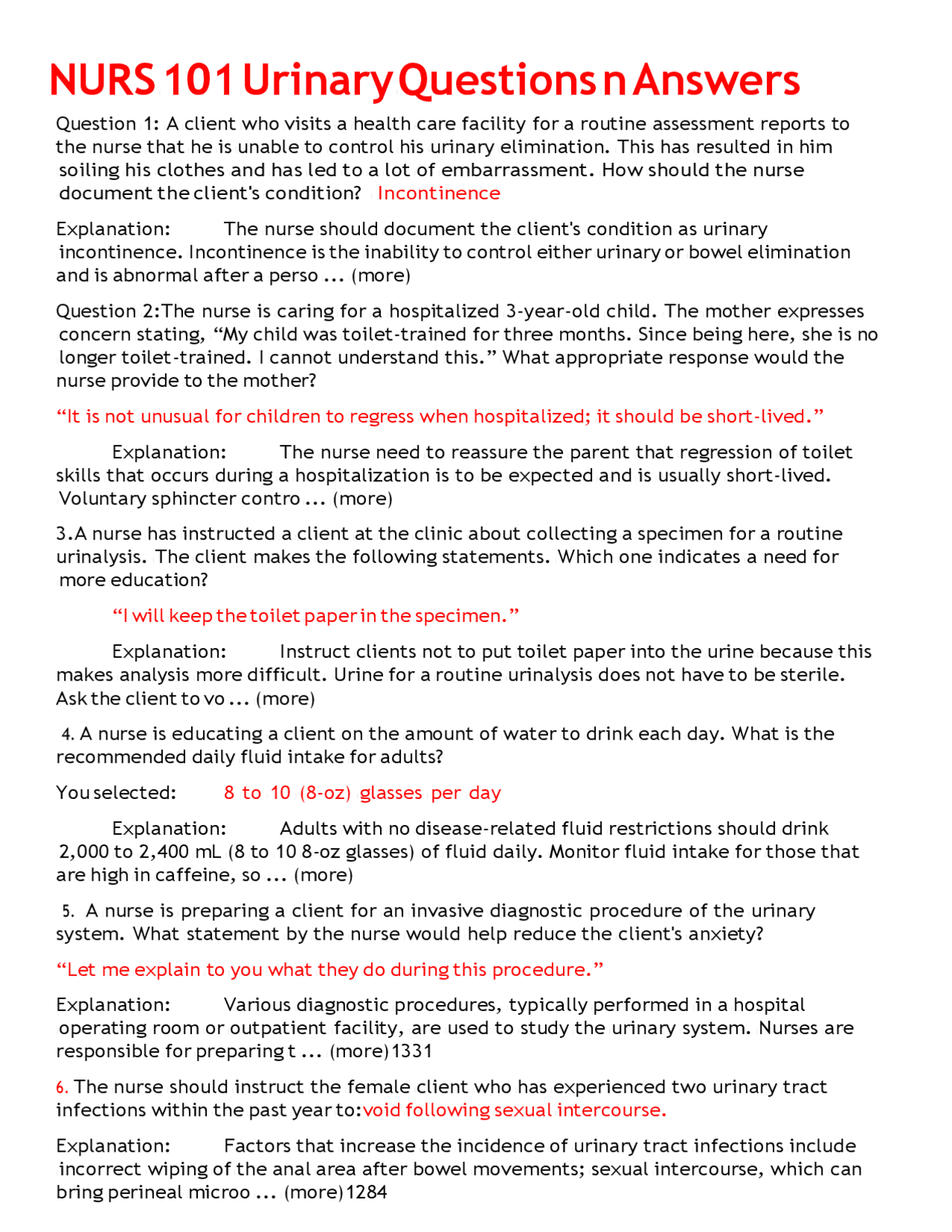 NURS 101 Urinary Questions n Answers. - Docsity