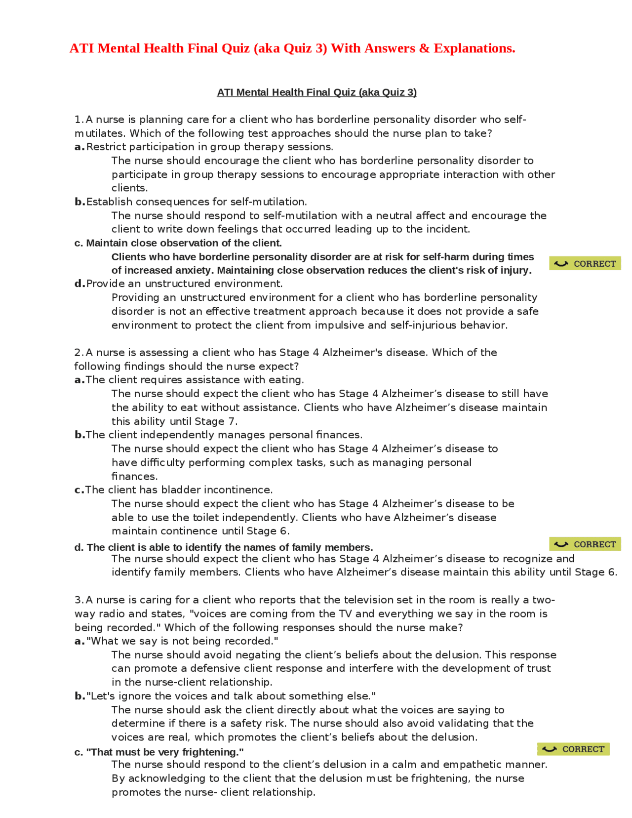 ATI Mental Health Final Quiz (aka Quiz 3) With Answers & Explanations
