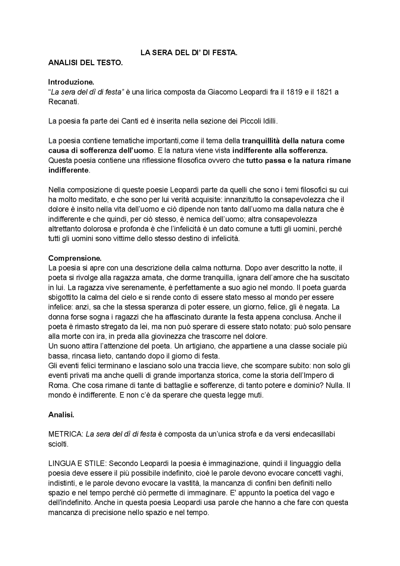 la sera del dì di festa parafrasi