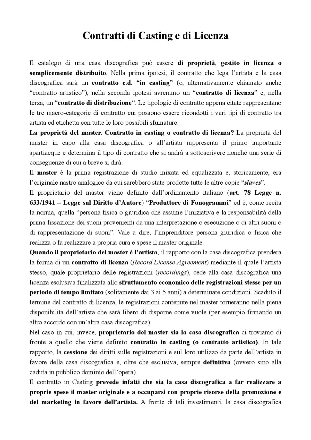 Contratti di casting e license Docsity