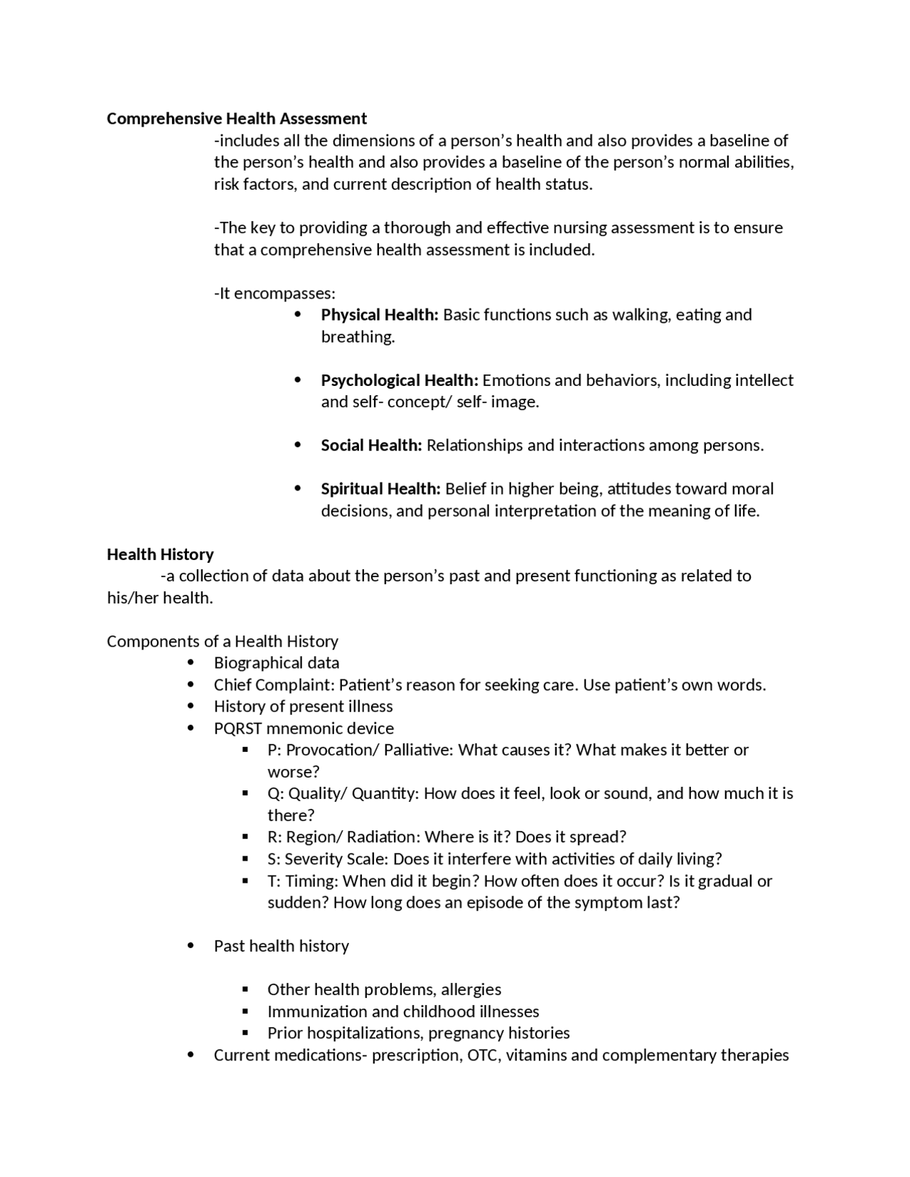 Comprehensive Health Fecets Comprehensive Health Assessment - Docsity