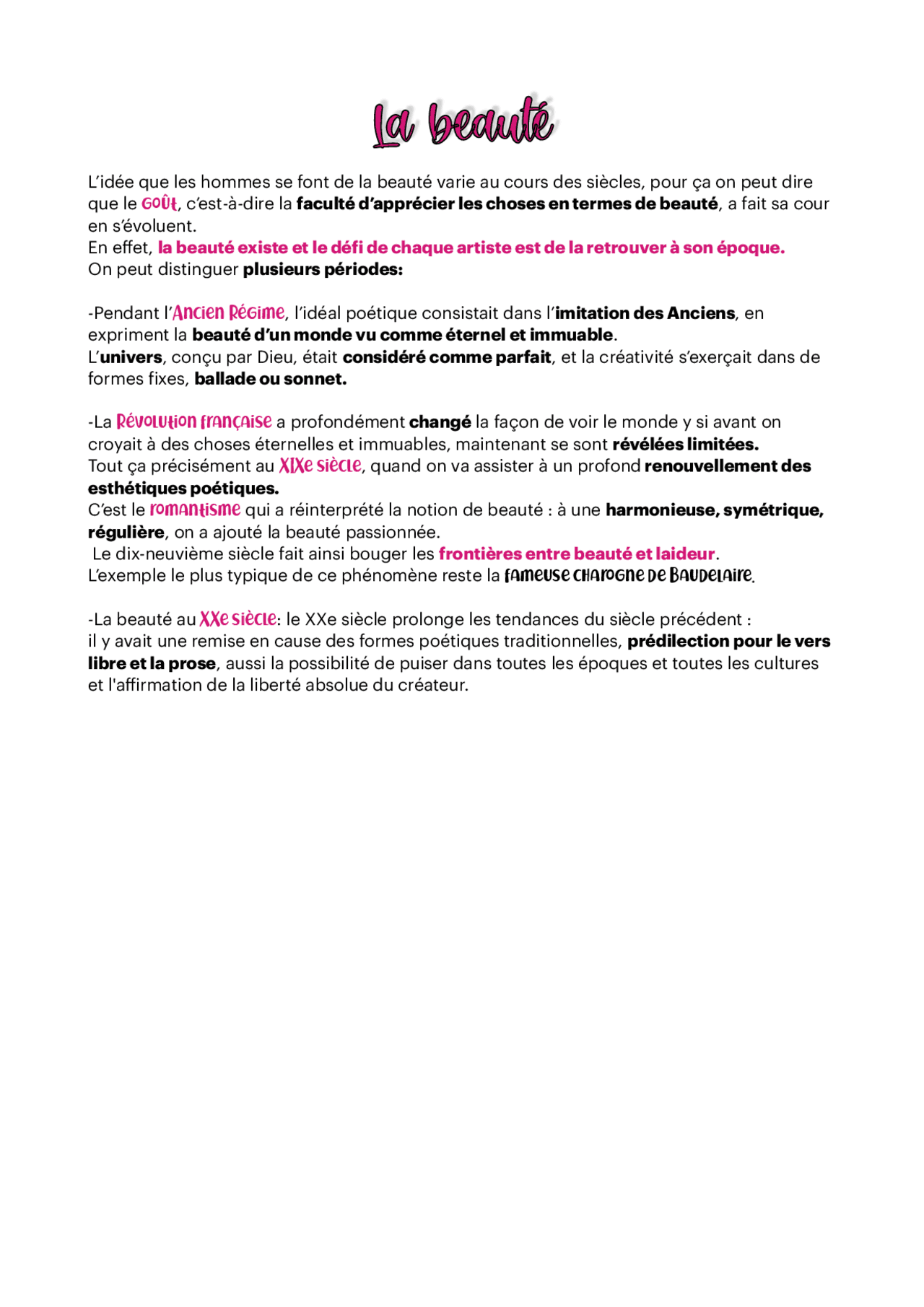 La beauté,“Utilité du Beau” Victor Hugo. “ Hymne a la Beauté “, Charles Baudelaire. Docsity