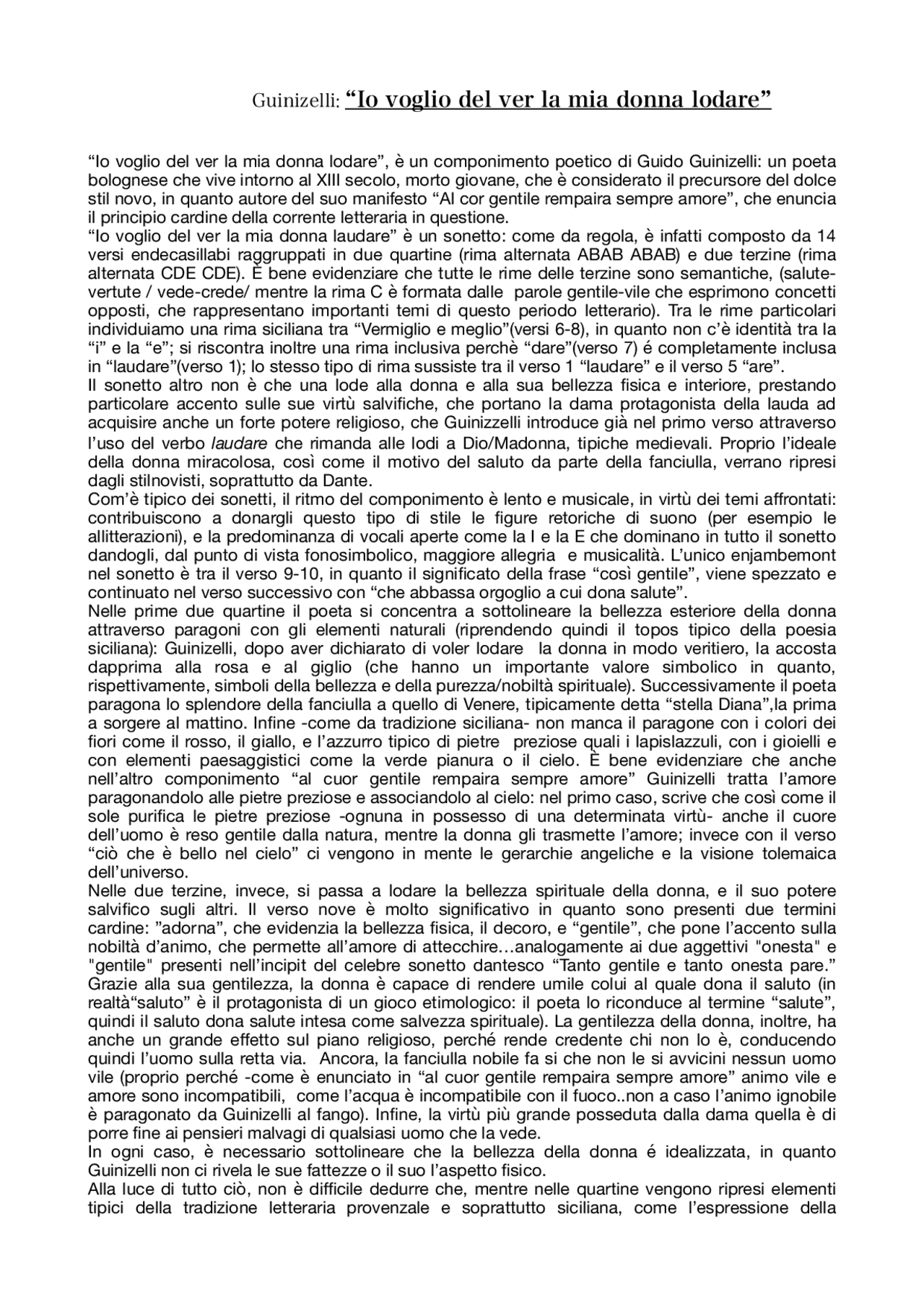 Analisi de “io voglio del ver la mia donna laudare” Appunti di Italiano Docsity