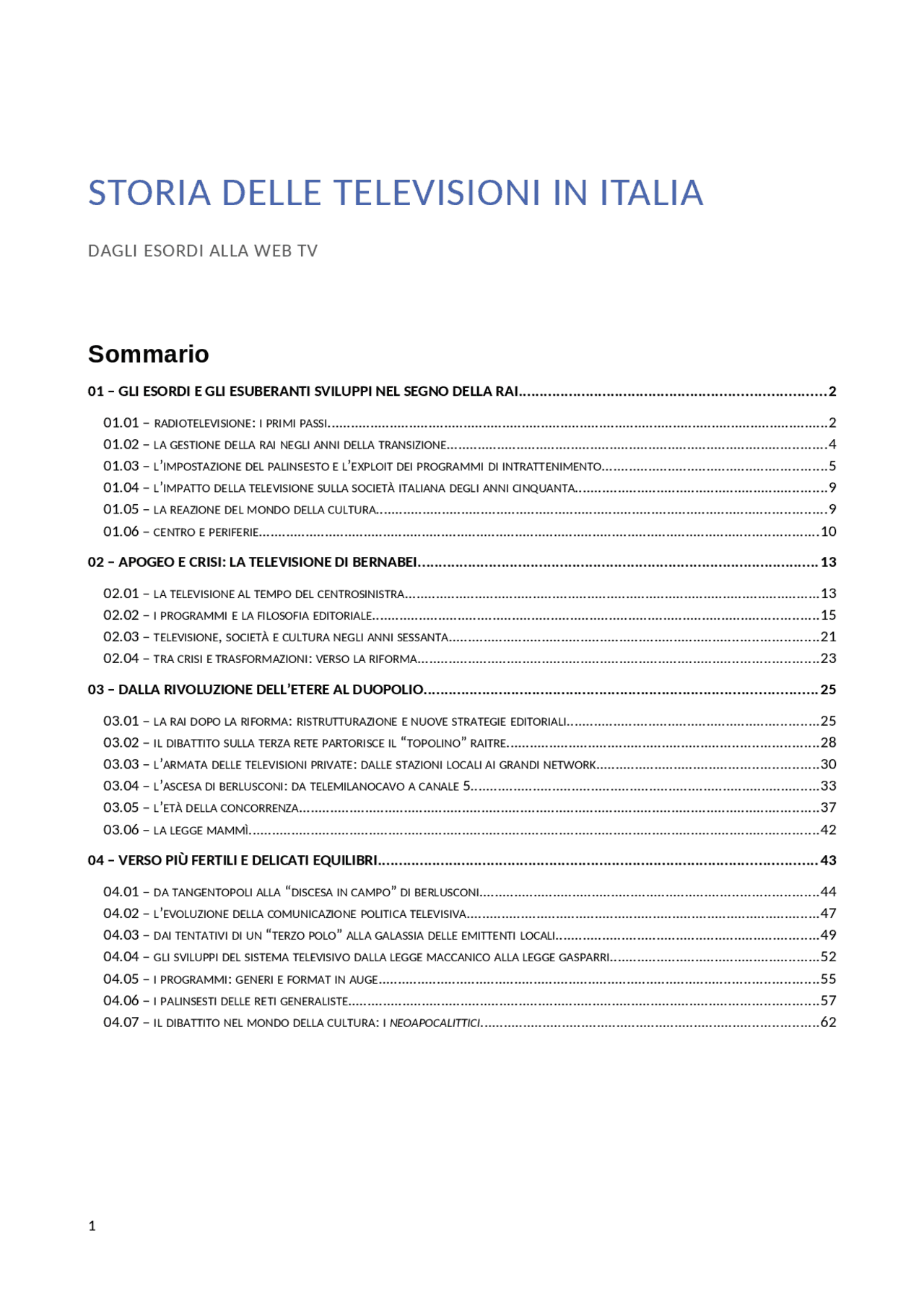 Storia delle Televisioni in Italia (I. Piazzoni) Riassunto Docsity