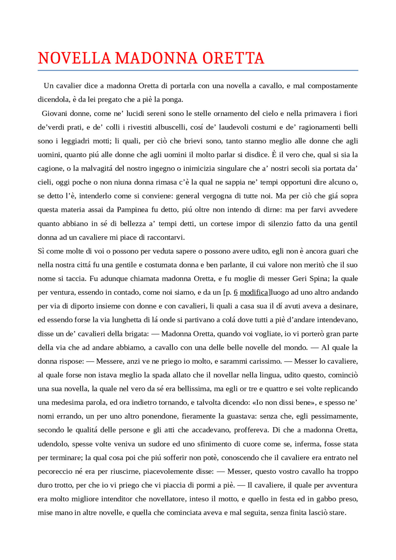 RIASSUNTO E INSEGNAMENTO NOVELLA MADONNA ORETTA Docsity