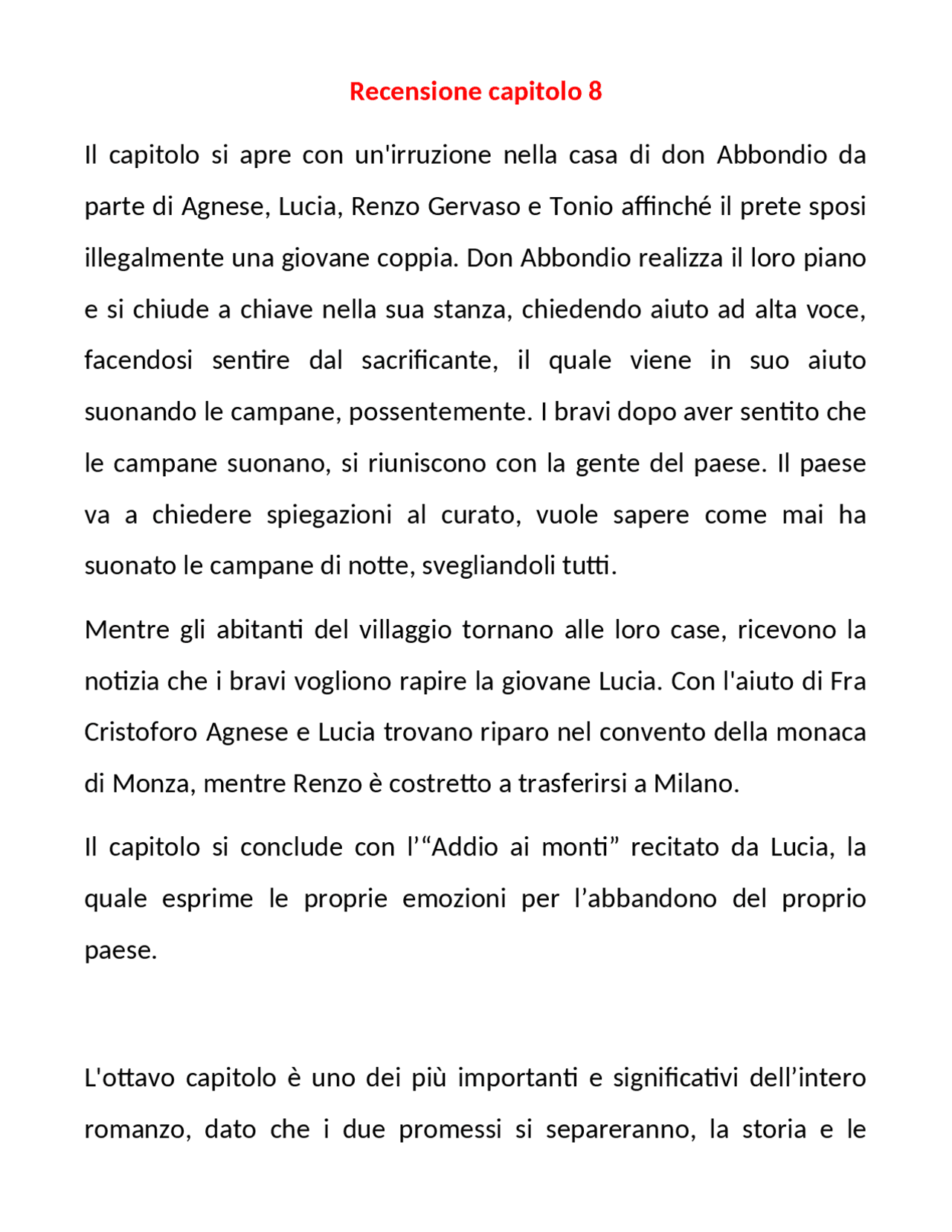 Recensione capitolo 8 Promessi Sposi Docsity