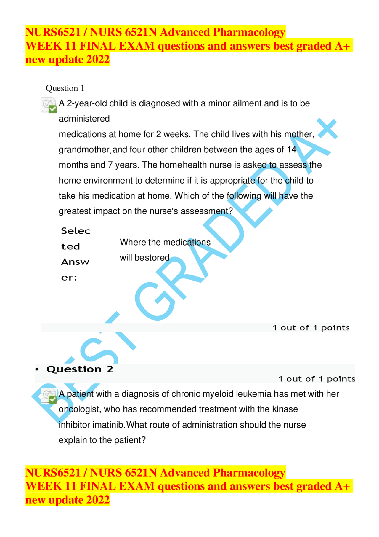 NURS6521 / NURS 6521N Advanced Pharmacology WEEK 11 FINAL EXAM ...