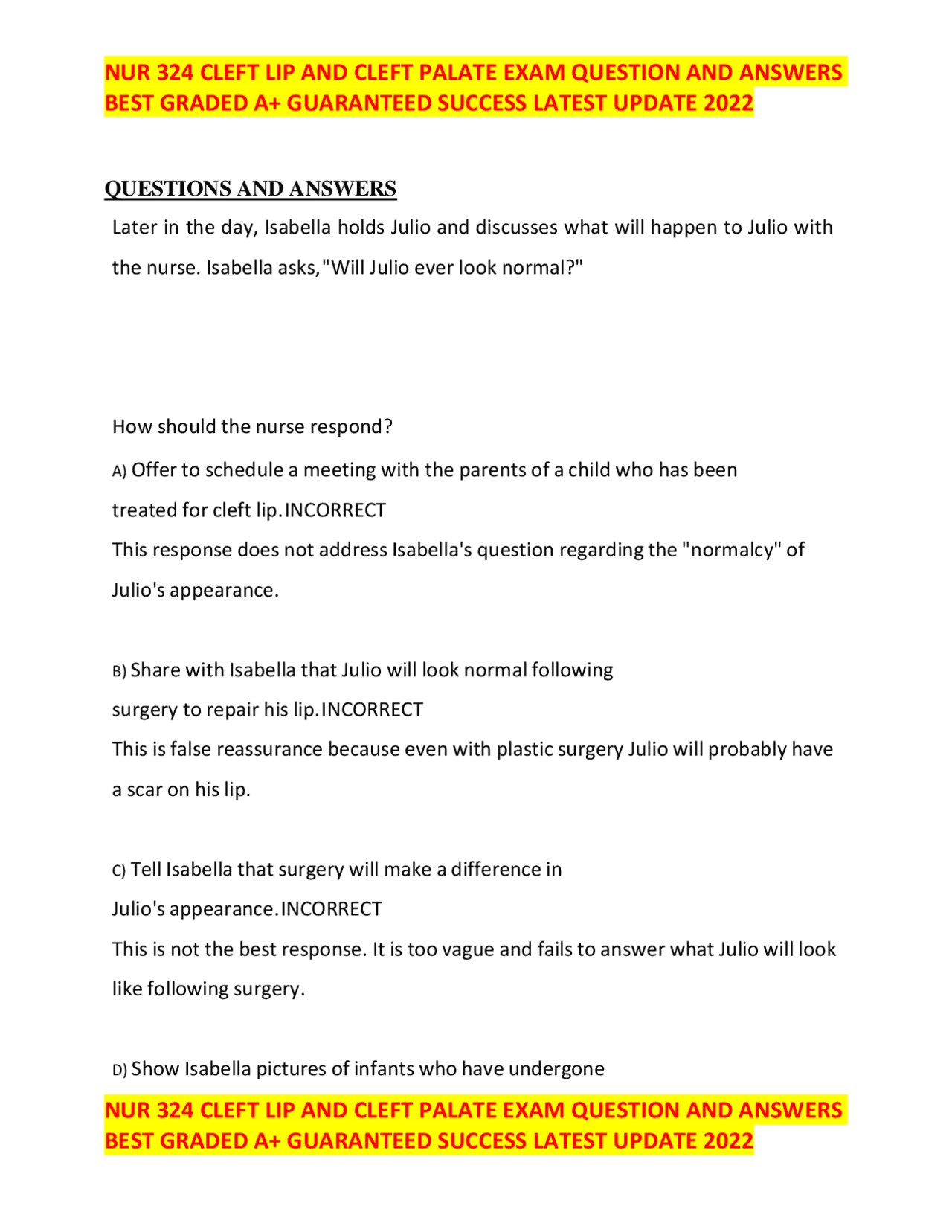 NUR 324 CLEFT LIP AND CLEFT PALATE EXAM QUESTION & ANSWERS BEST GRADED ...