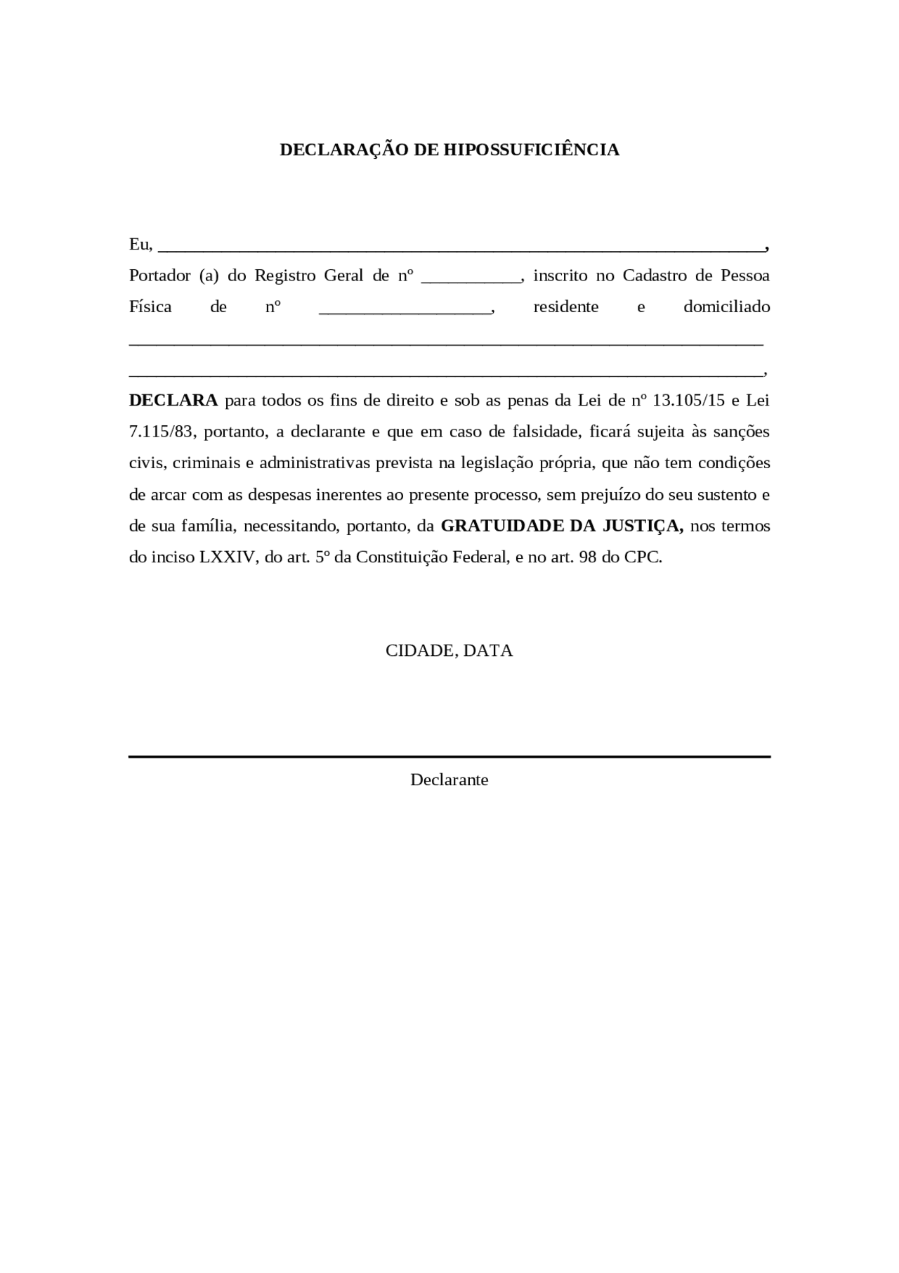 Modelo de declaração de hipossuficiência | Esquemas Práticas e Gestão ...