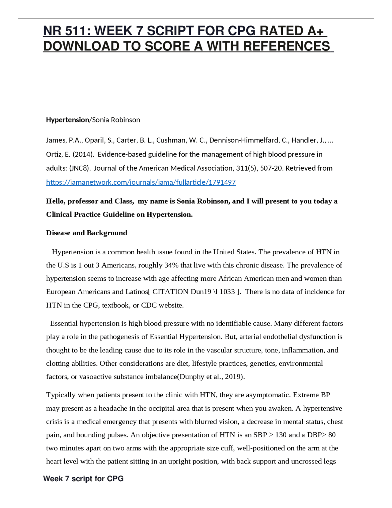 NR 511: WEEK 7 SCRIPT FOR CPG RATED A+ DOWNLOAD TO SCORE A WITH ...