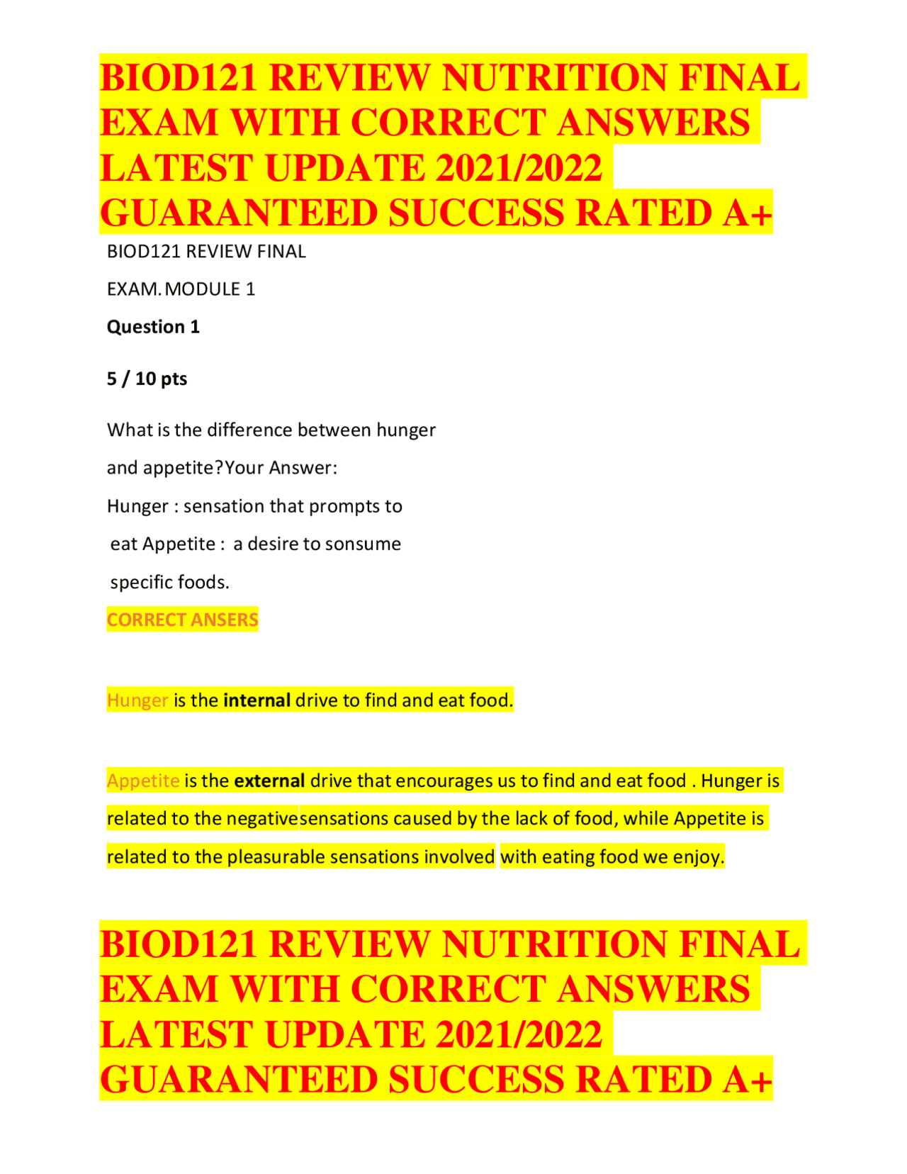 BIOD121 REVIEW NUTRITION FINAL EXAM WITH CORRECT ANS LATEST UPDATE 2021 ...