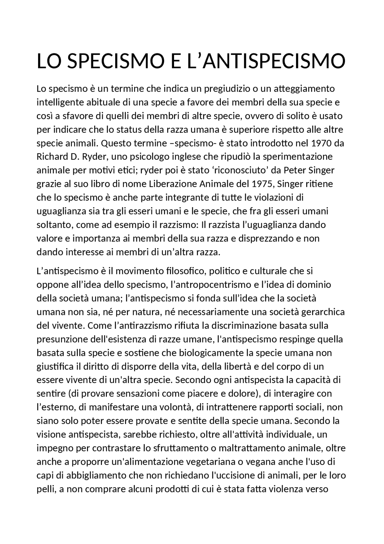 Lo specismo e l'antispecismo breve sintesi Docsity