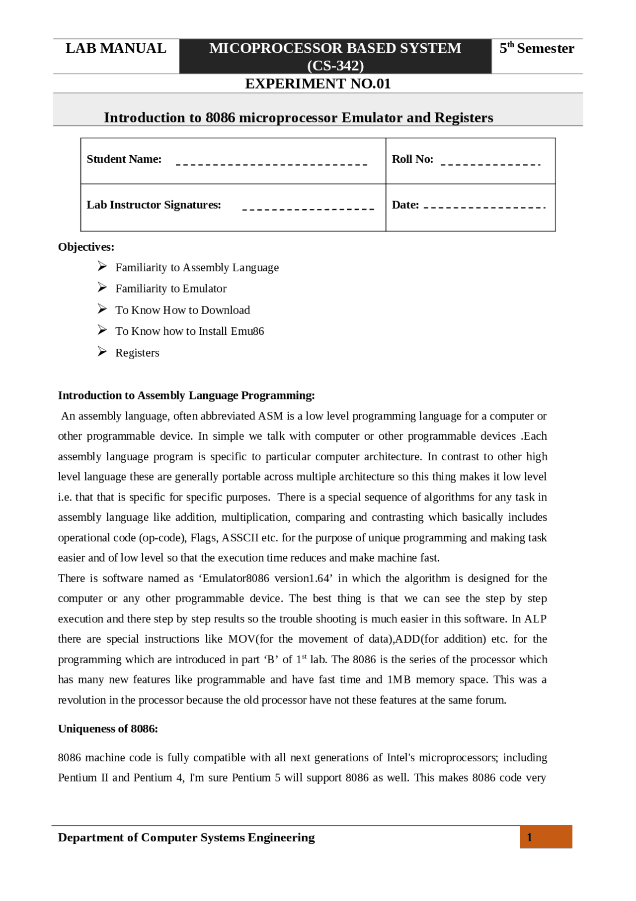 Microprocessor related lab document - Docsity