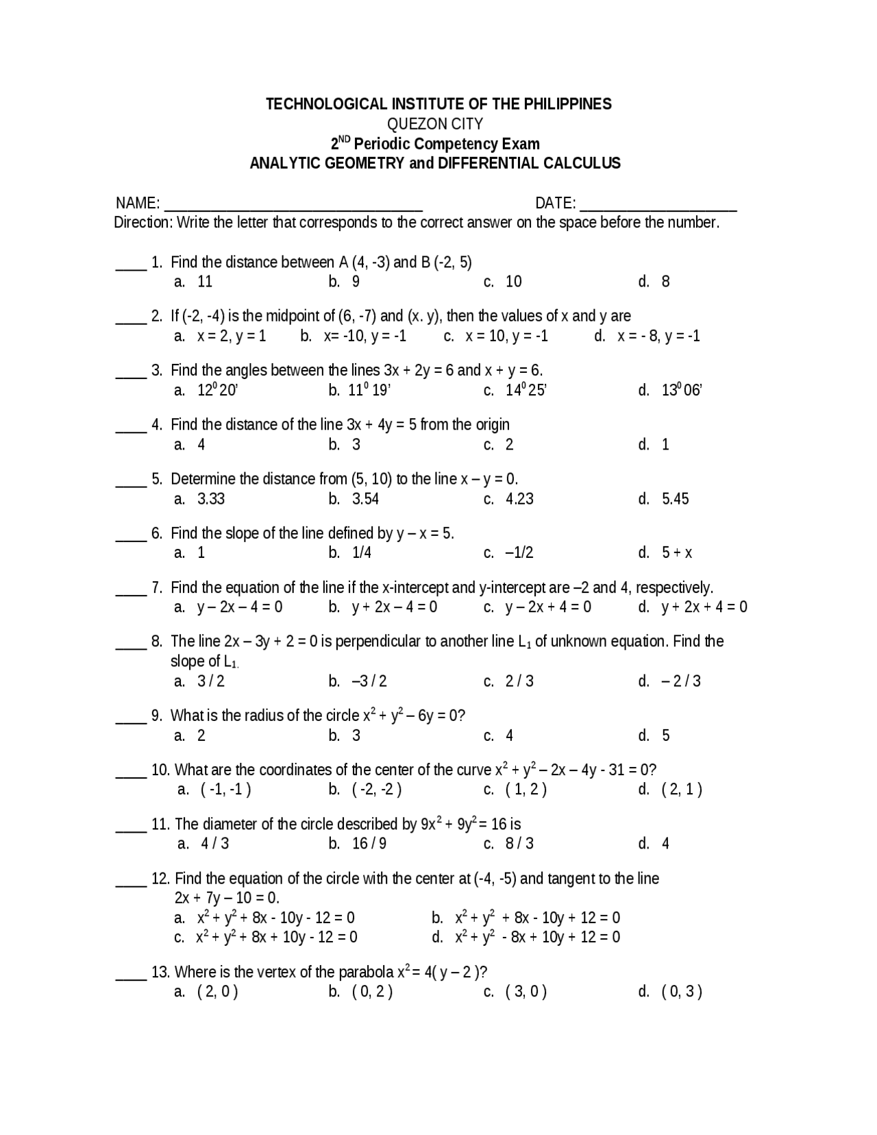 ANALYTIC GEOMETRY and DIFFERENTIAL CALCULUS - 2nd Periodic Competency ...