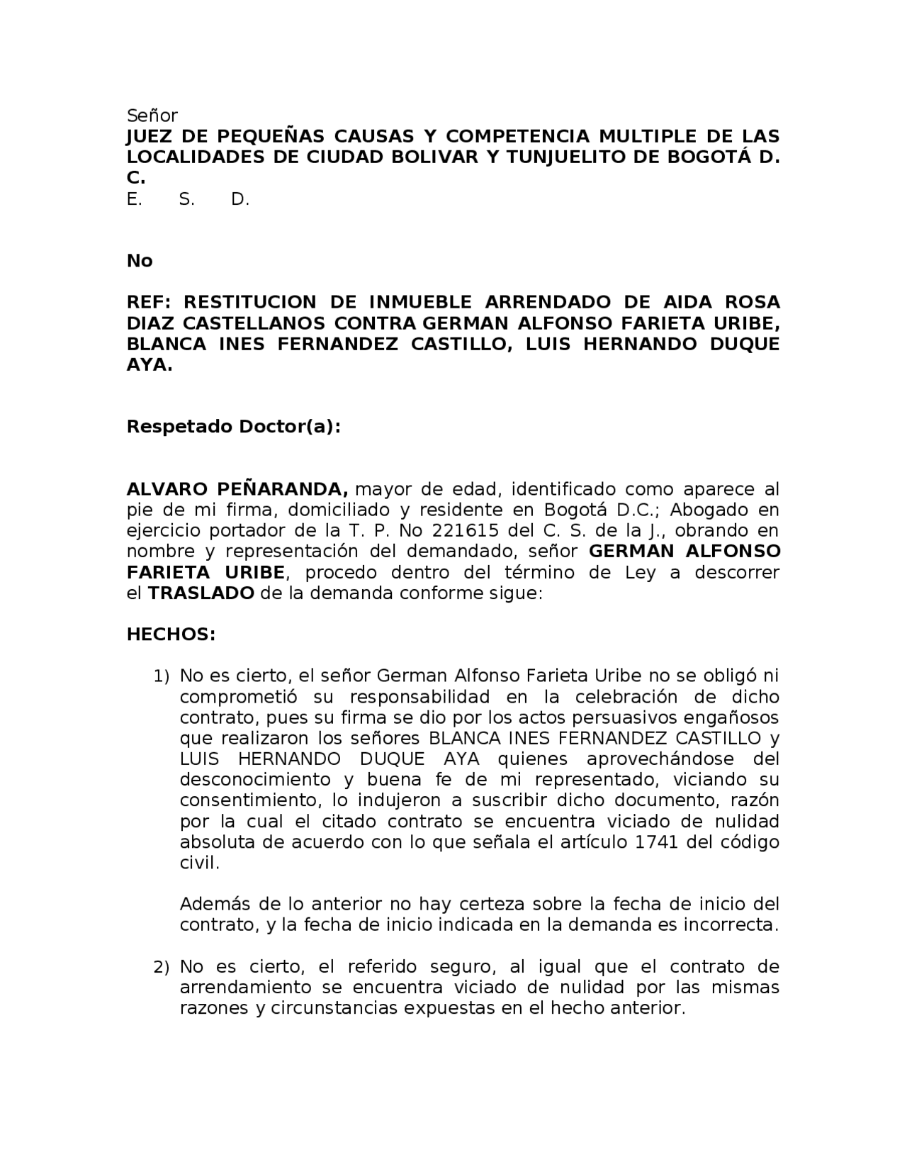 Contestación demanda restitución de inmueble arrendado | Ejercicios de ...