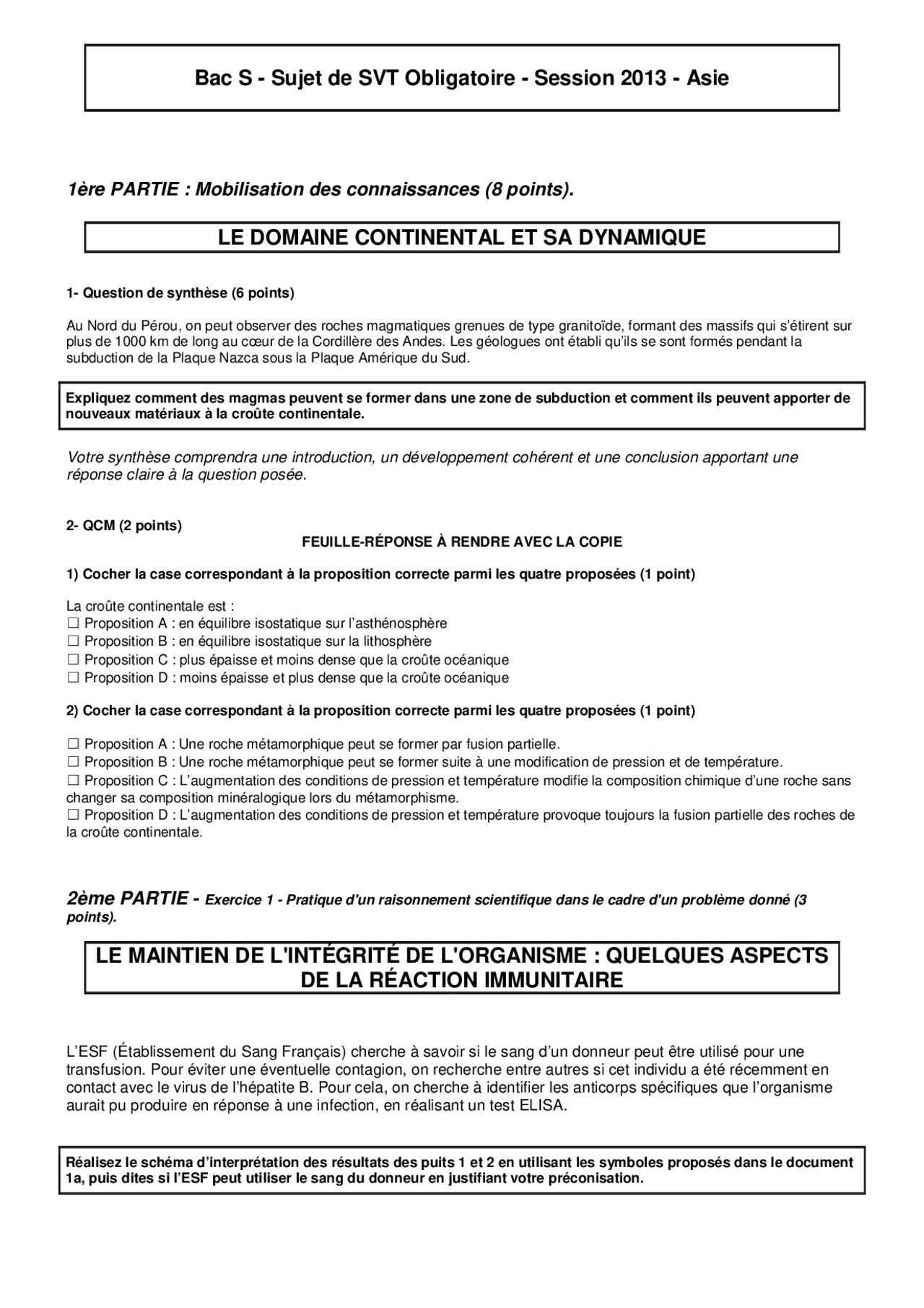 Sujet complet du bac S SVT Obligatoire 2013 - Docsity