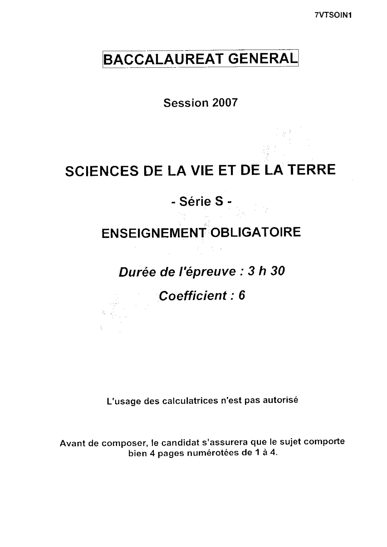 Sujet officiel complet du bac S SVT Obligatoire 2007 - Docsity