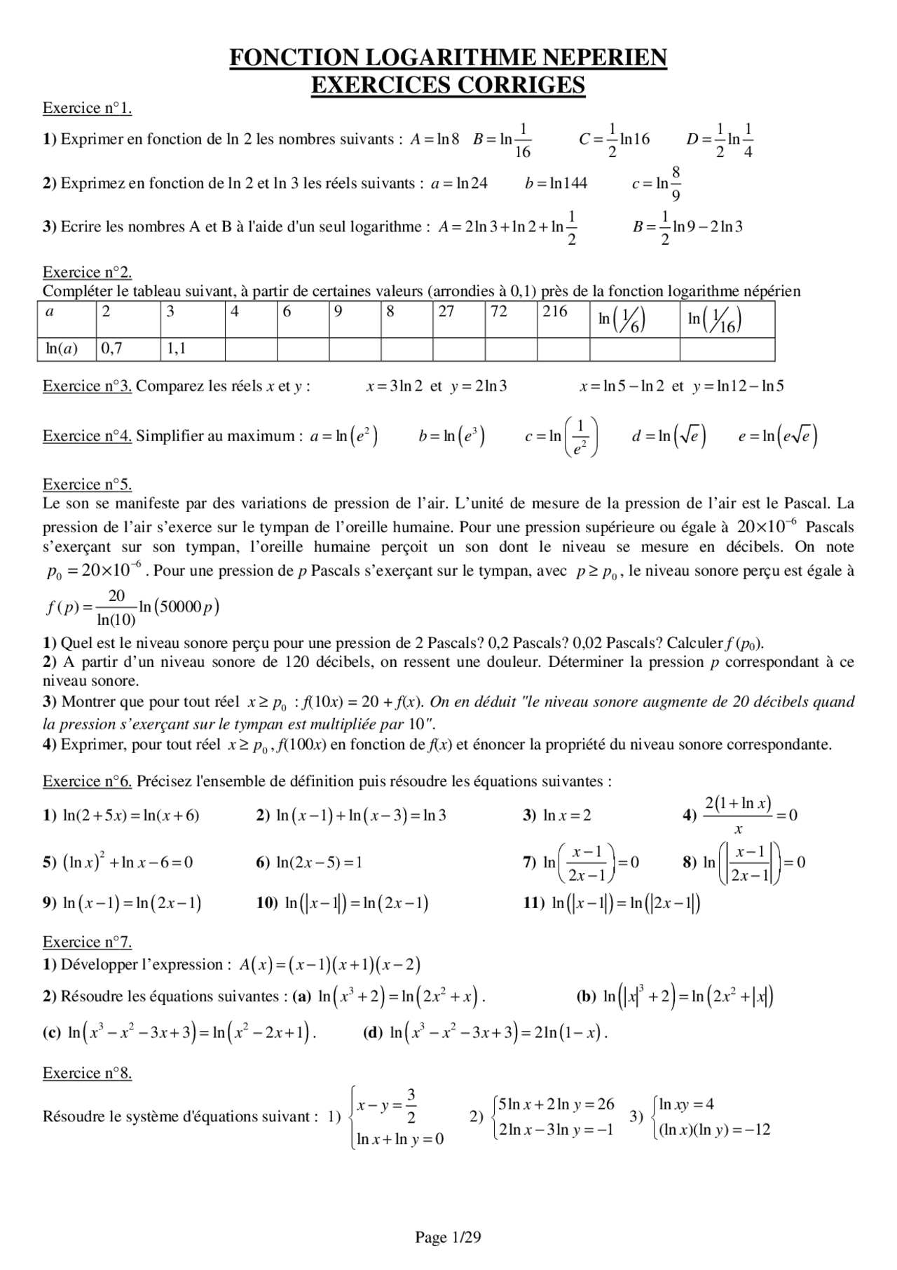 Etude De Fonction Logarithme Exercice Corrigé Pdf FONCTION LOGARITHME NEPERIEN EXERCICES CORRIGES | Examens Mathématiques |  Docsity