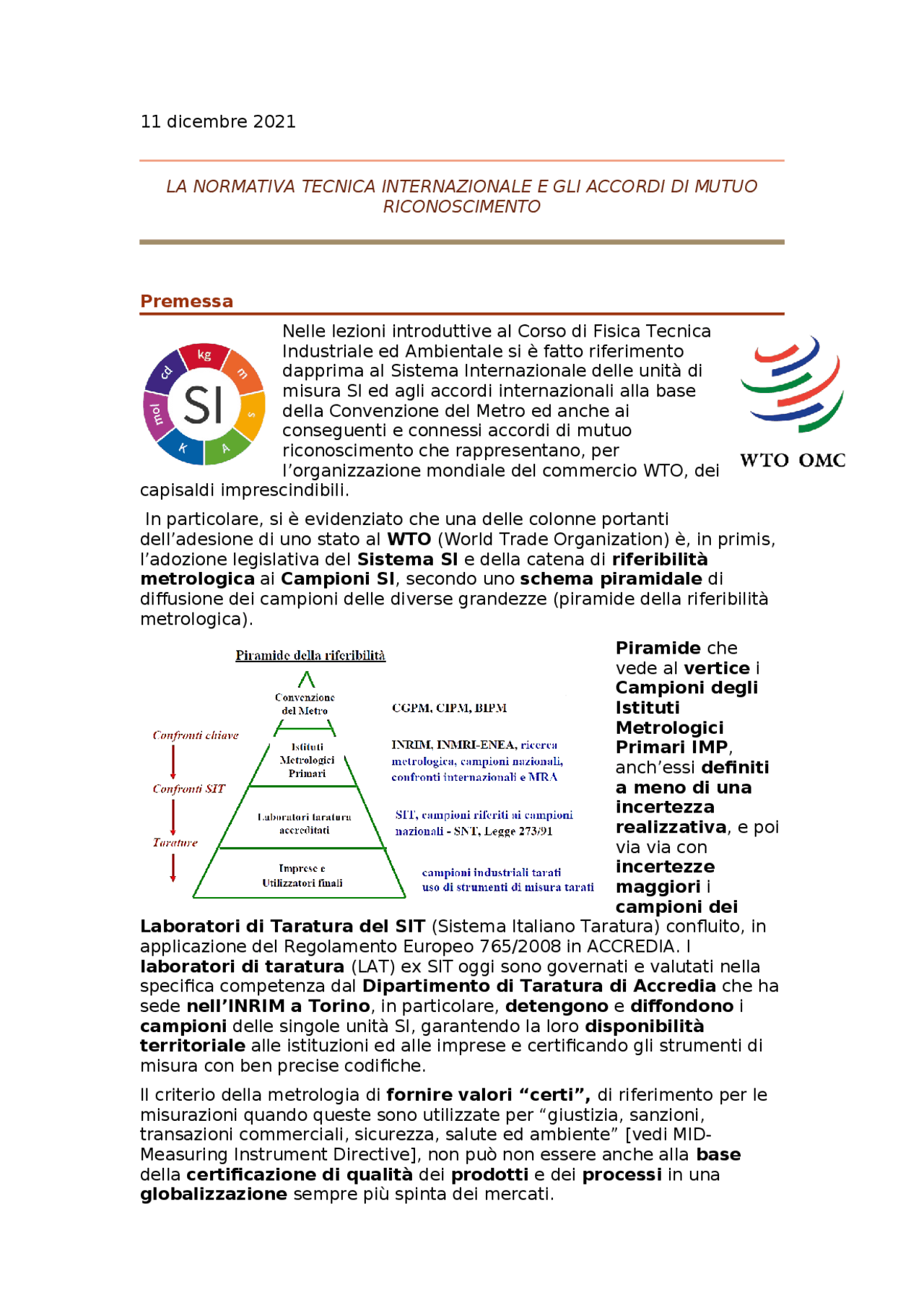 LA NORMATIVA TECNICA INTERNAZIONALE E GLI ACCORDI DI MUTUO ...