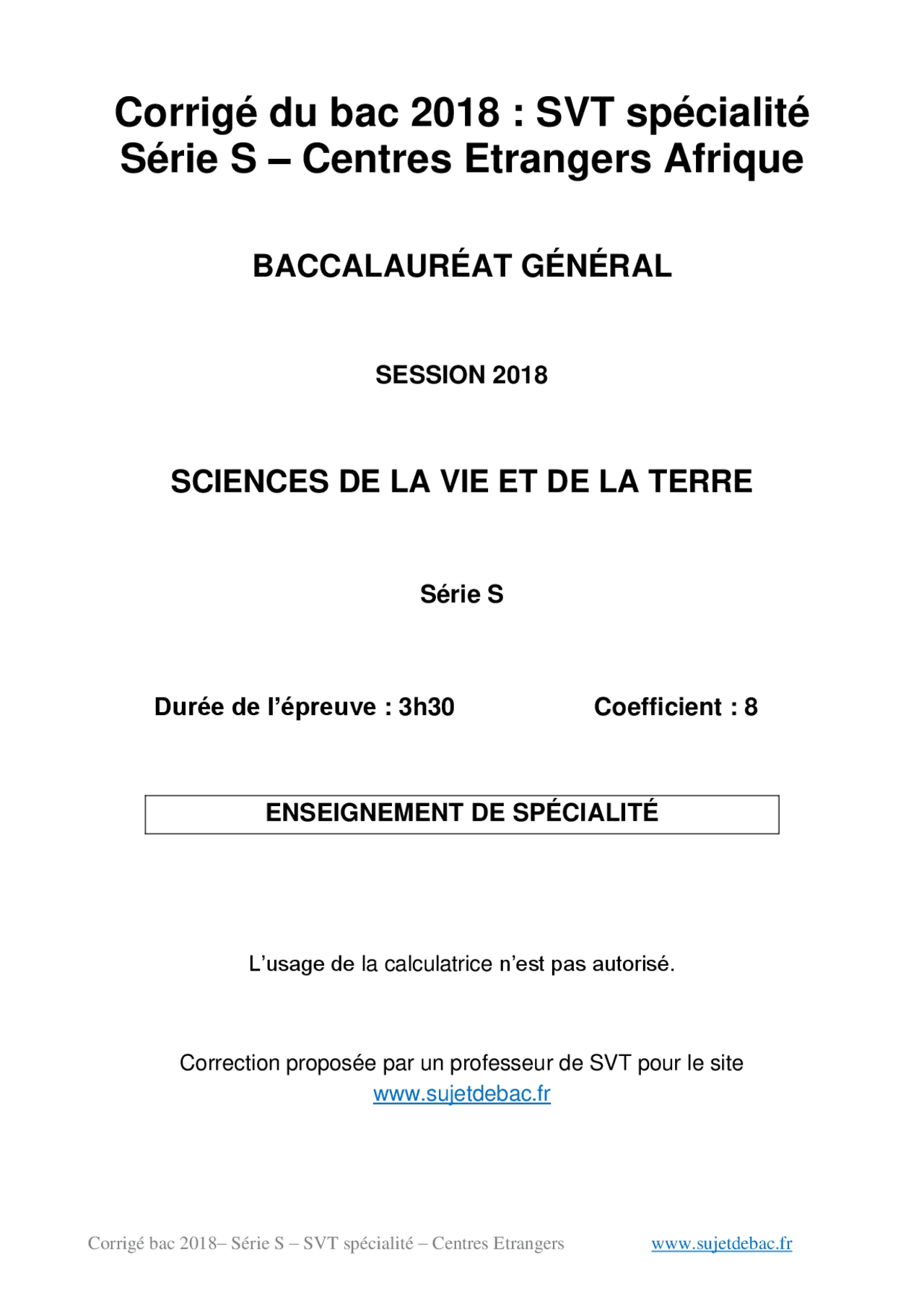 Corrigé du bac S SVT Spécialité 2018 - Docsity